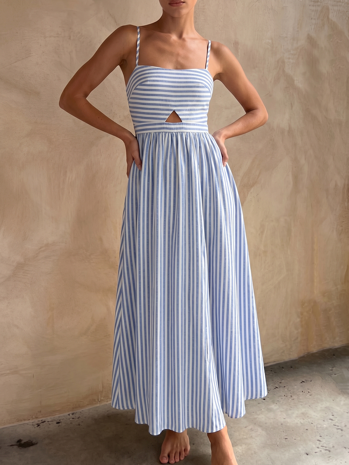 Striped Cutout Cotton Blend Cami Maxi Dress for Women Summer Beachwear
