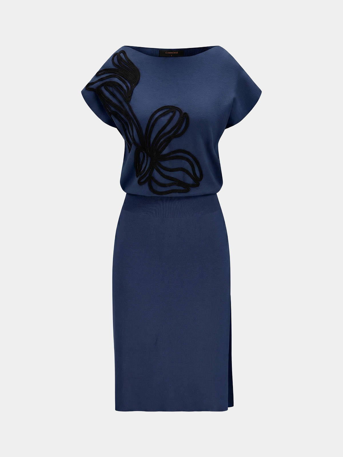 3D Floral Applique Short Sleeve Knit Dress with Scalloped Hem