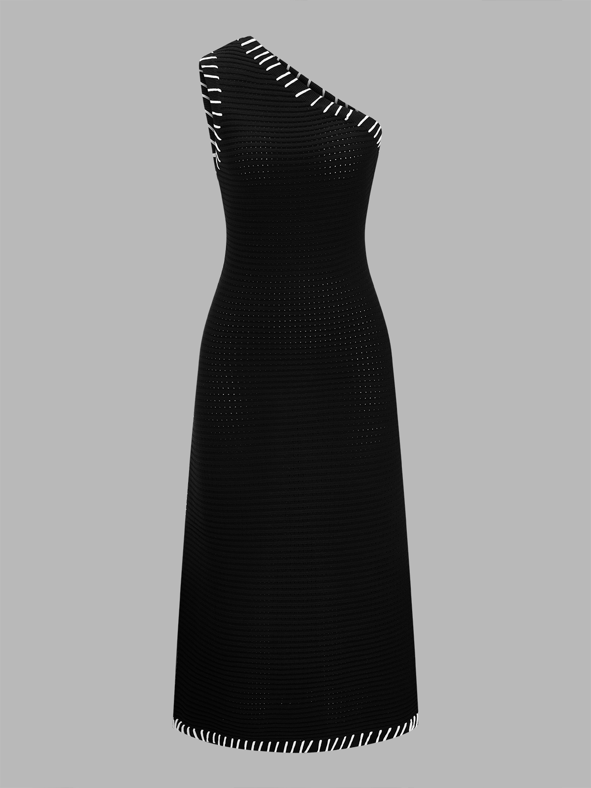 Contrast Stitch Trim One Shoulder Knit Maxi Dress with Side Slit Elegance