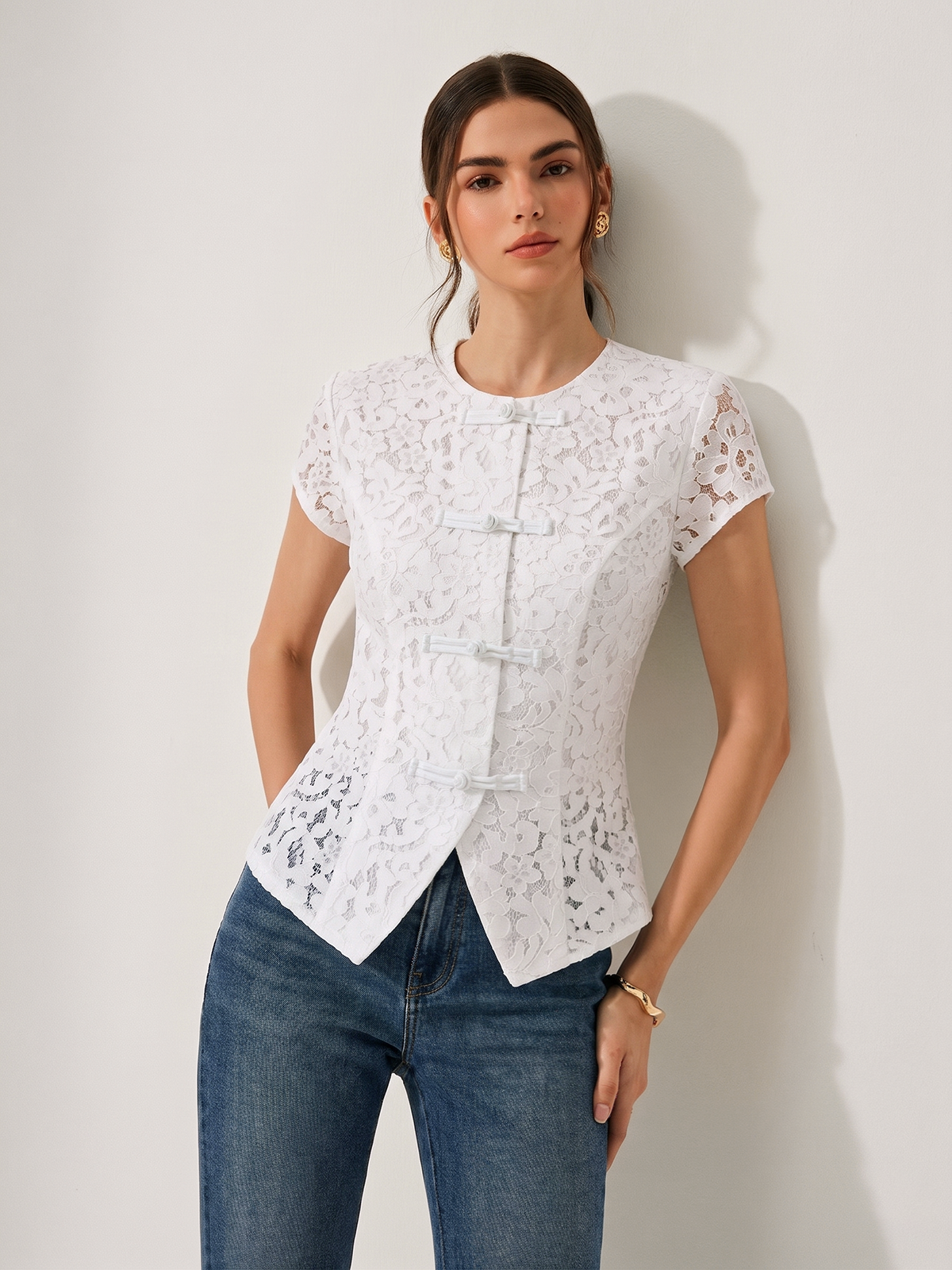 Short Sleeve Frog Button Lace Blouse with Elegant Mandarin Collar