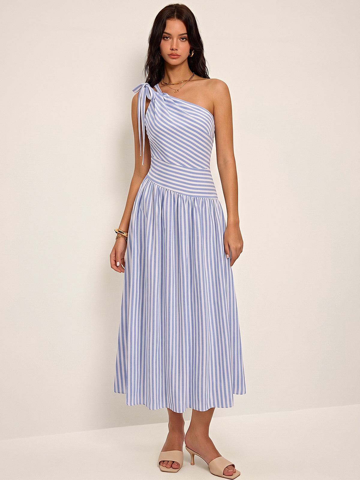 One Shoulder Striped Cotton Blend Maxi Dress with Side Slits