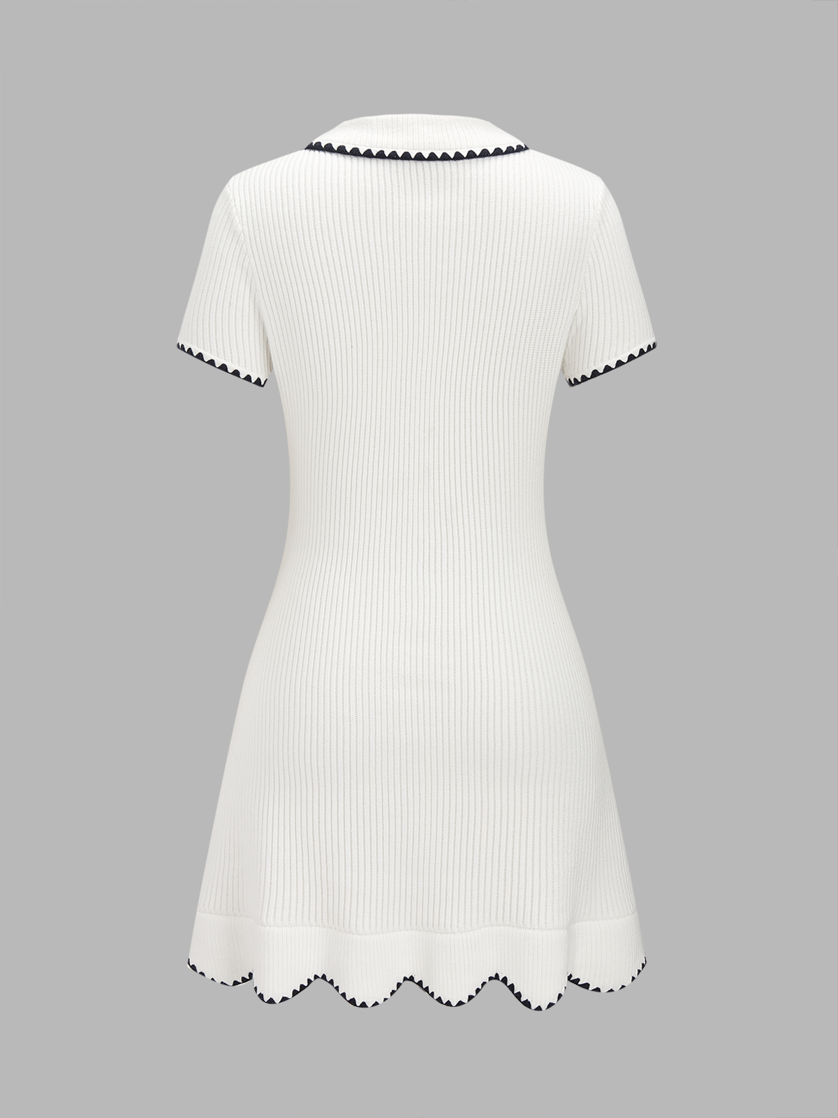 Polo Collar Contrast Trim Ribbed Knit Mini Dress, Trendy Women's Casual Wear