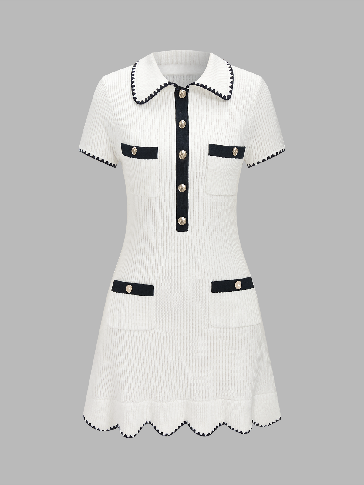 Polo Collar Contrast Trim Ribbed Knit Mini Dress, Trendy Women's Casual Wear