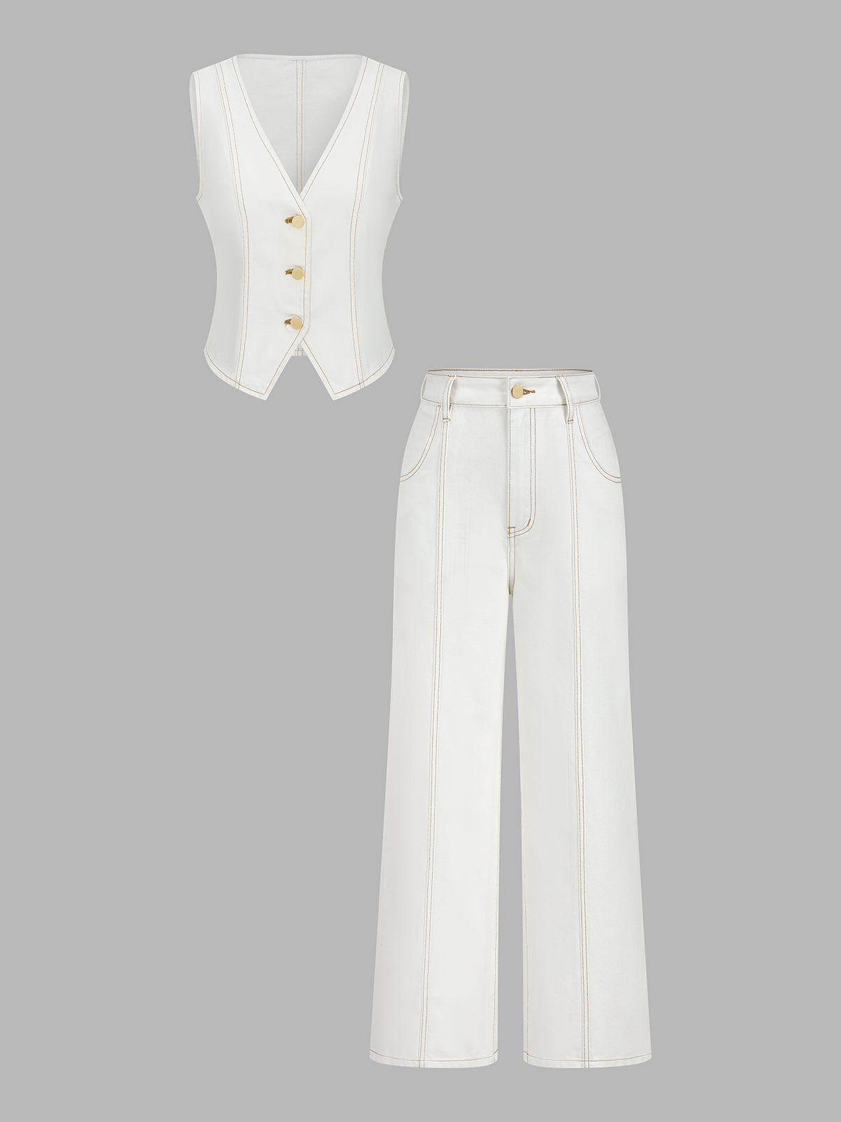 Contrast Stitch Denim Vest & Wide Leg Pants Set for Women Casual