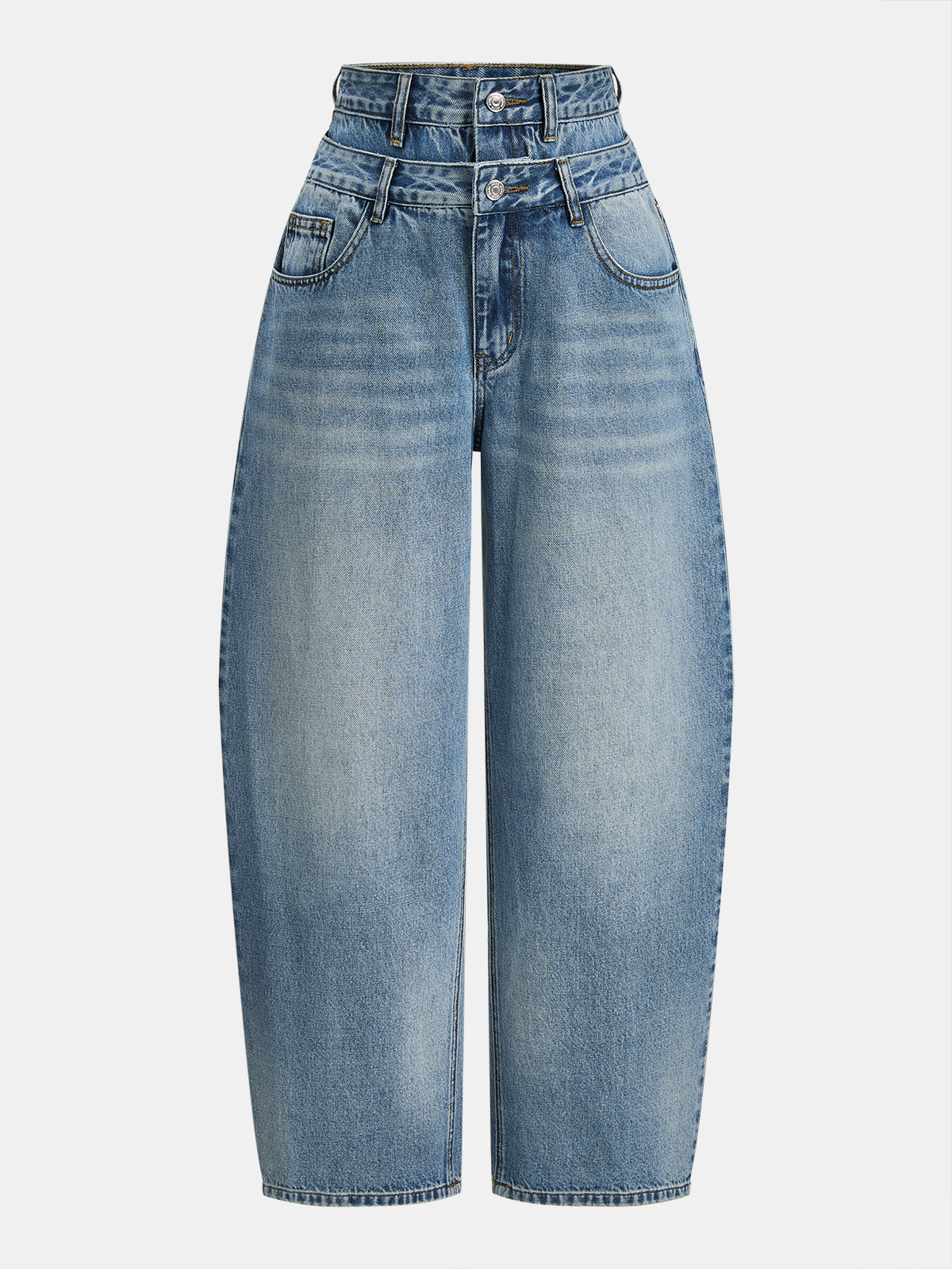 Double Waistband Curved-Leg Denim Pants for Women, Casual Style