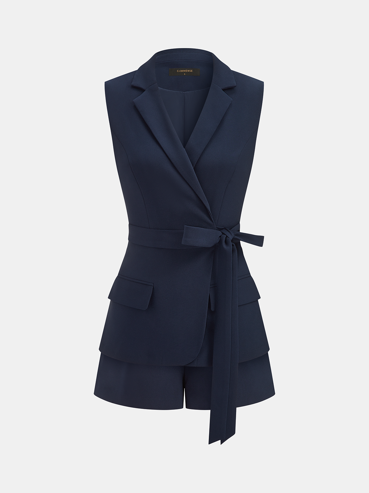 Belted Sleeveless Blazer & Shorts Set with Matching Fabric
