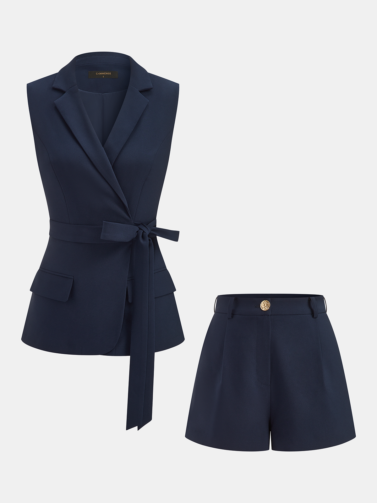 Belted Sleeveless Blazer & Shorts Set with Matching Fabric