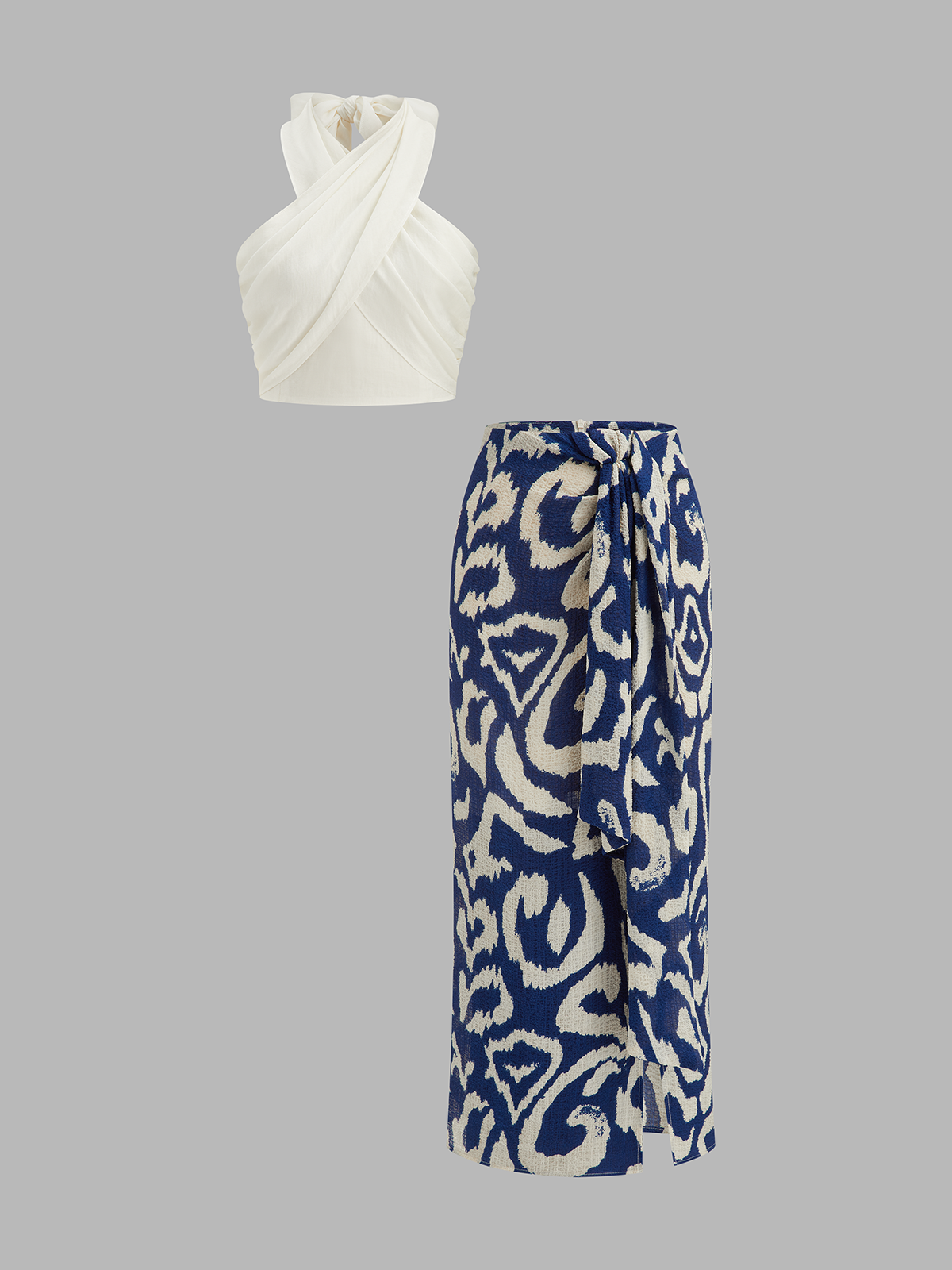 Halter Wrap Top & Abstract Print Skirt Set for Women Summer Fashion