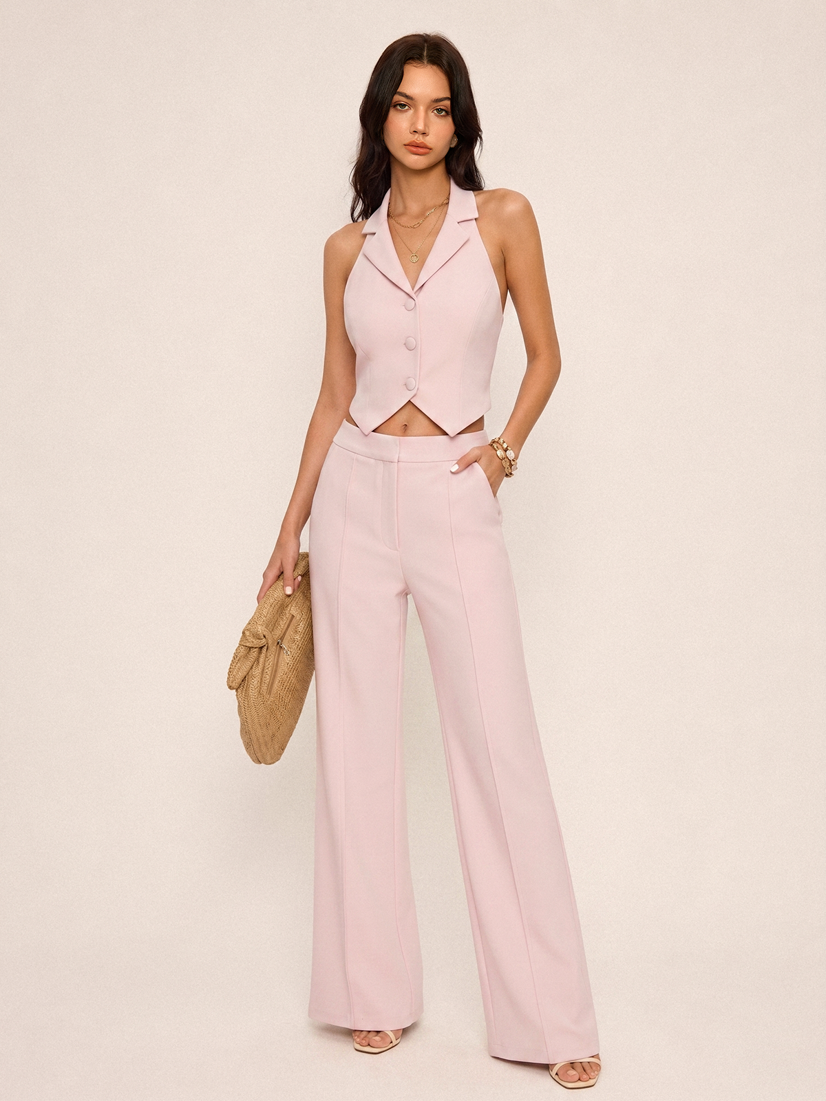 Halter Neck Vest & Wide Leg Pants Set for Women Comfort Fit