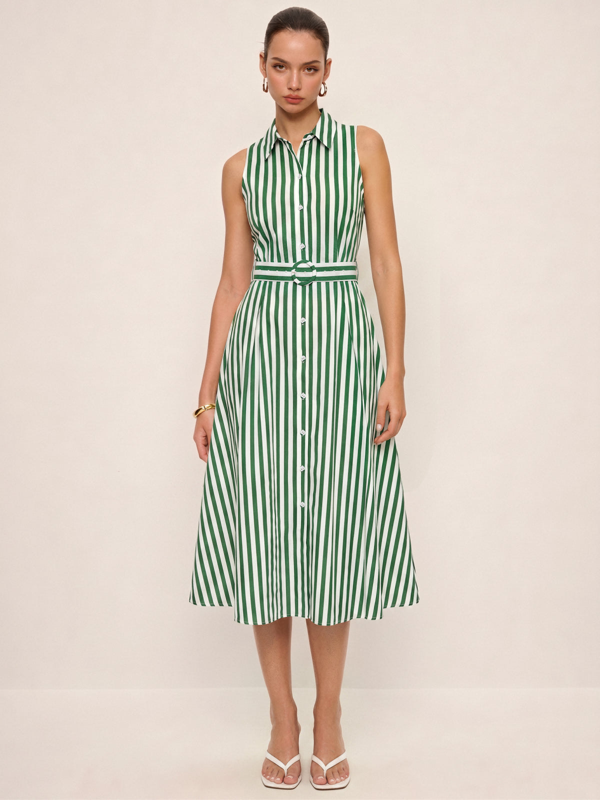 Striped Sleeveless Cotton Belted Midi Dress Women's Casual Summer Style