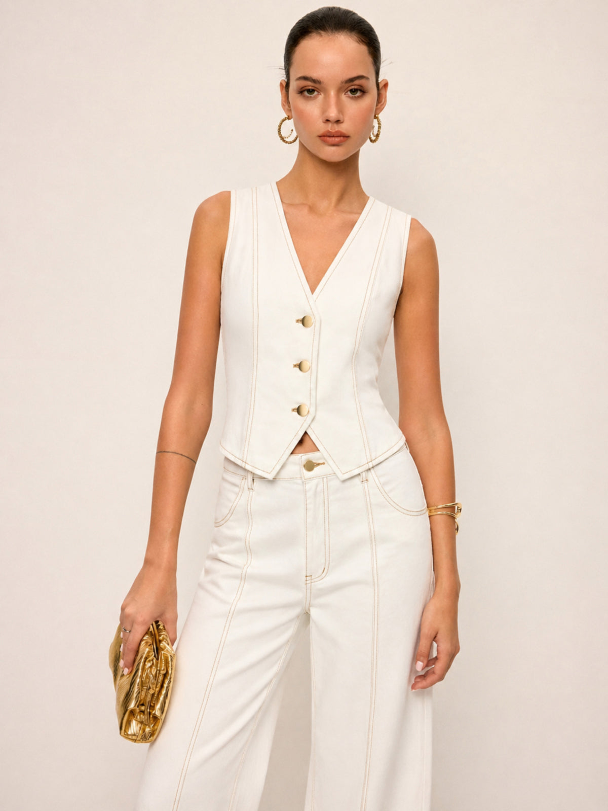 Contrast Stitch Denim Vest & Wide Leg Pants Set for Women Casual
