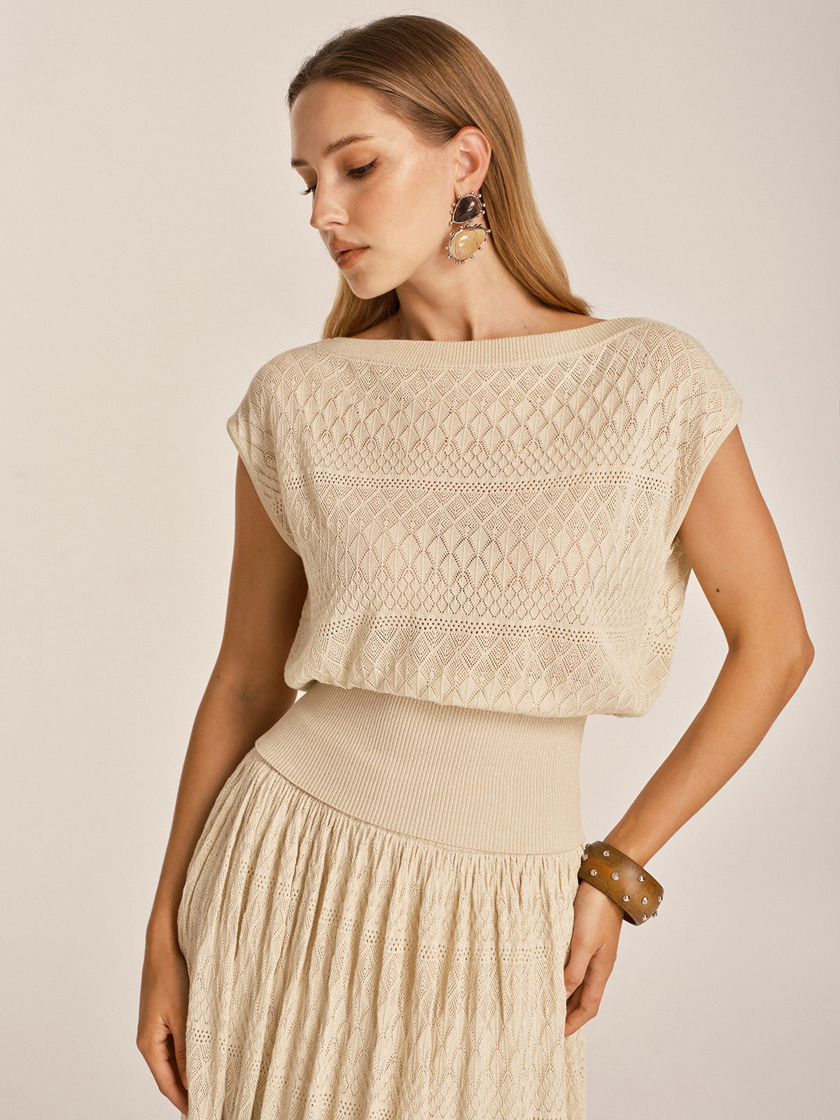 Openwork Knit Boat Neck Sleeveless Top Lightweight Summer Fashion