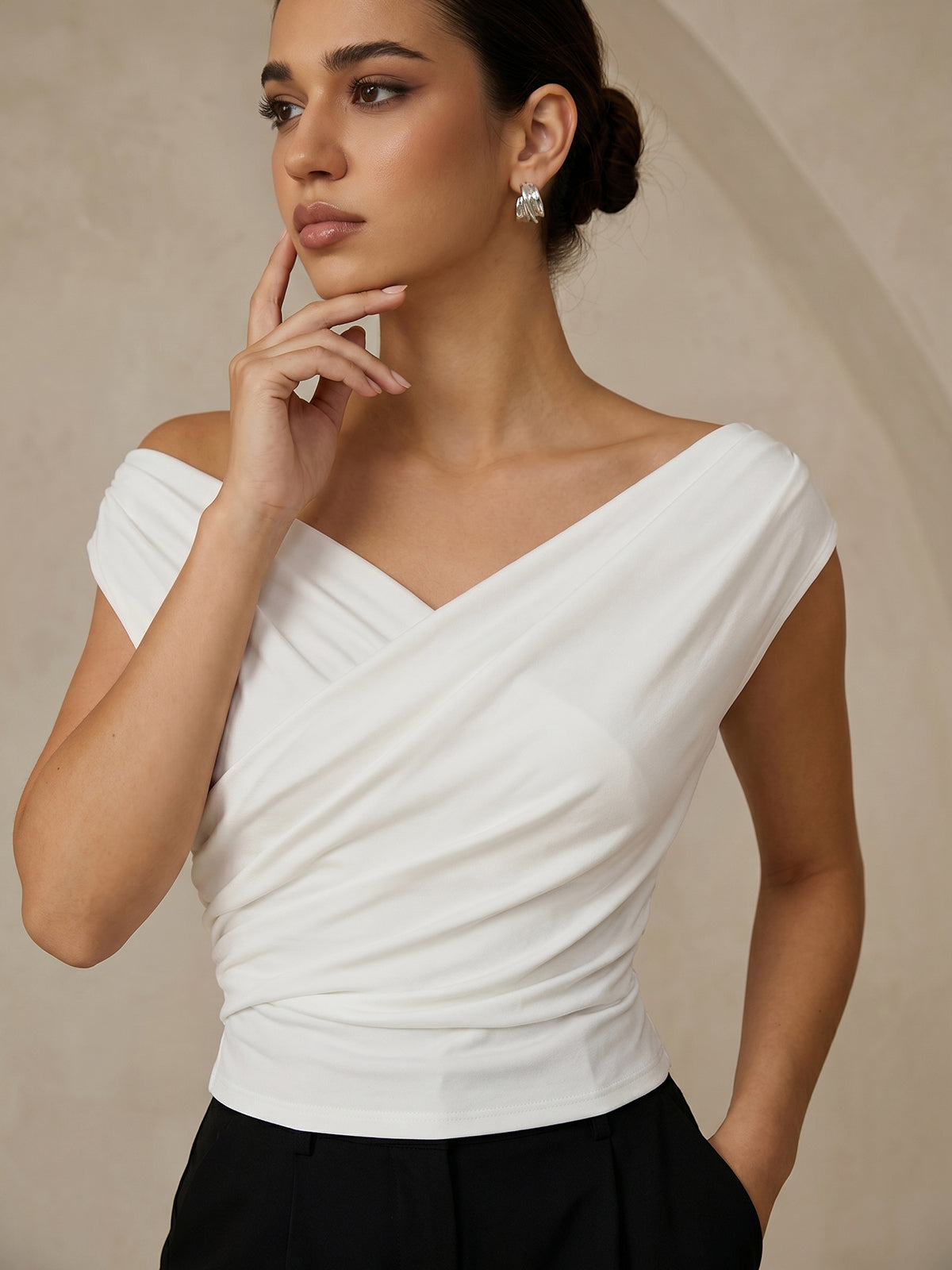 Asymmetric Neckline Ruched Blouse with Elegant Draping Detail