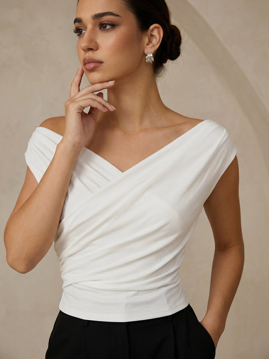Asymmetric Neckline Ruched Blouse with Elegant Draping Detail