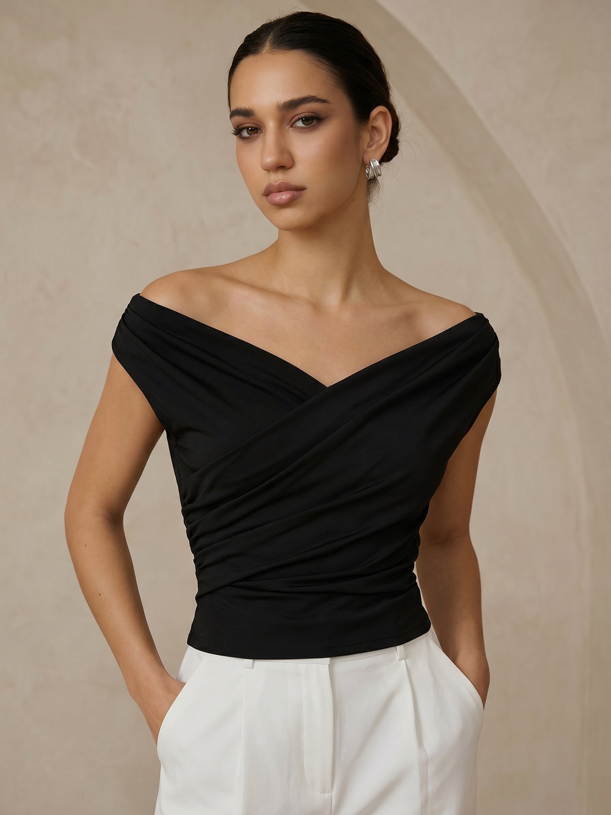 Asymmetric Neckline Ruched Blouse with Elegant Draping Detail