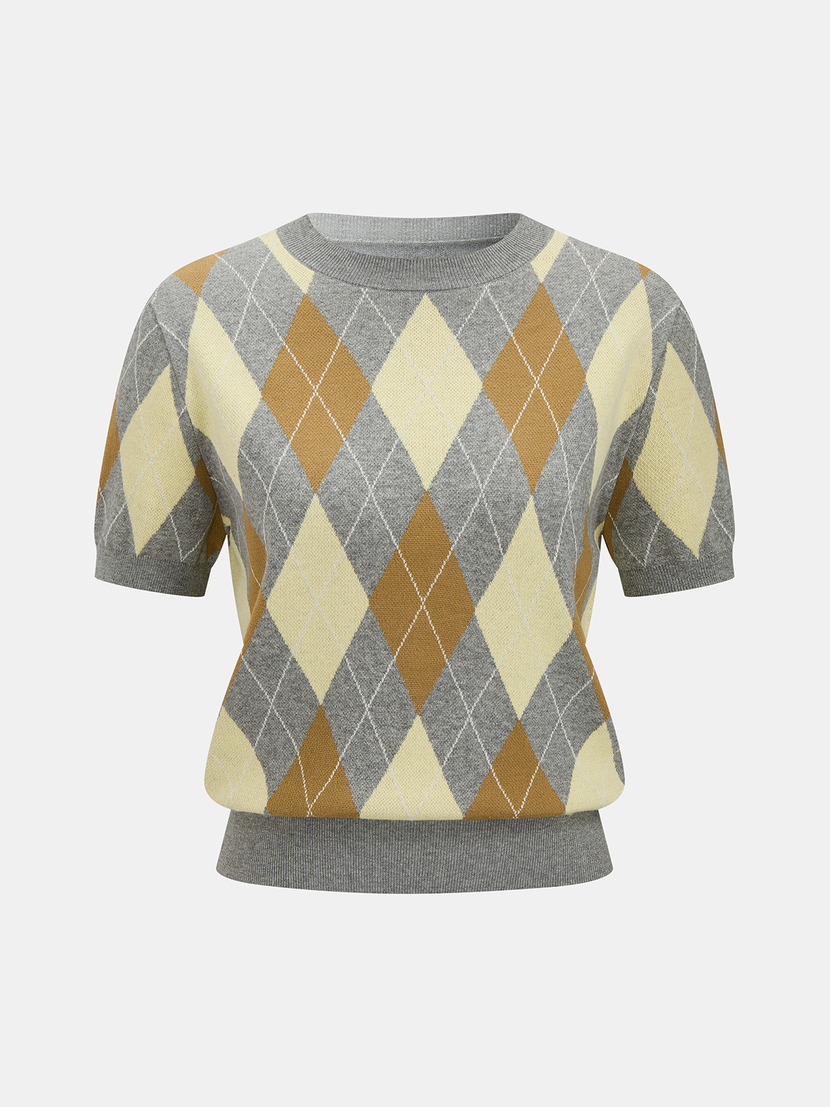Argyle Short Sleeve Knit Sweater Comfortable Casual Pullover Top
