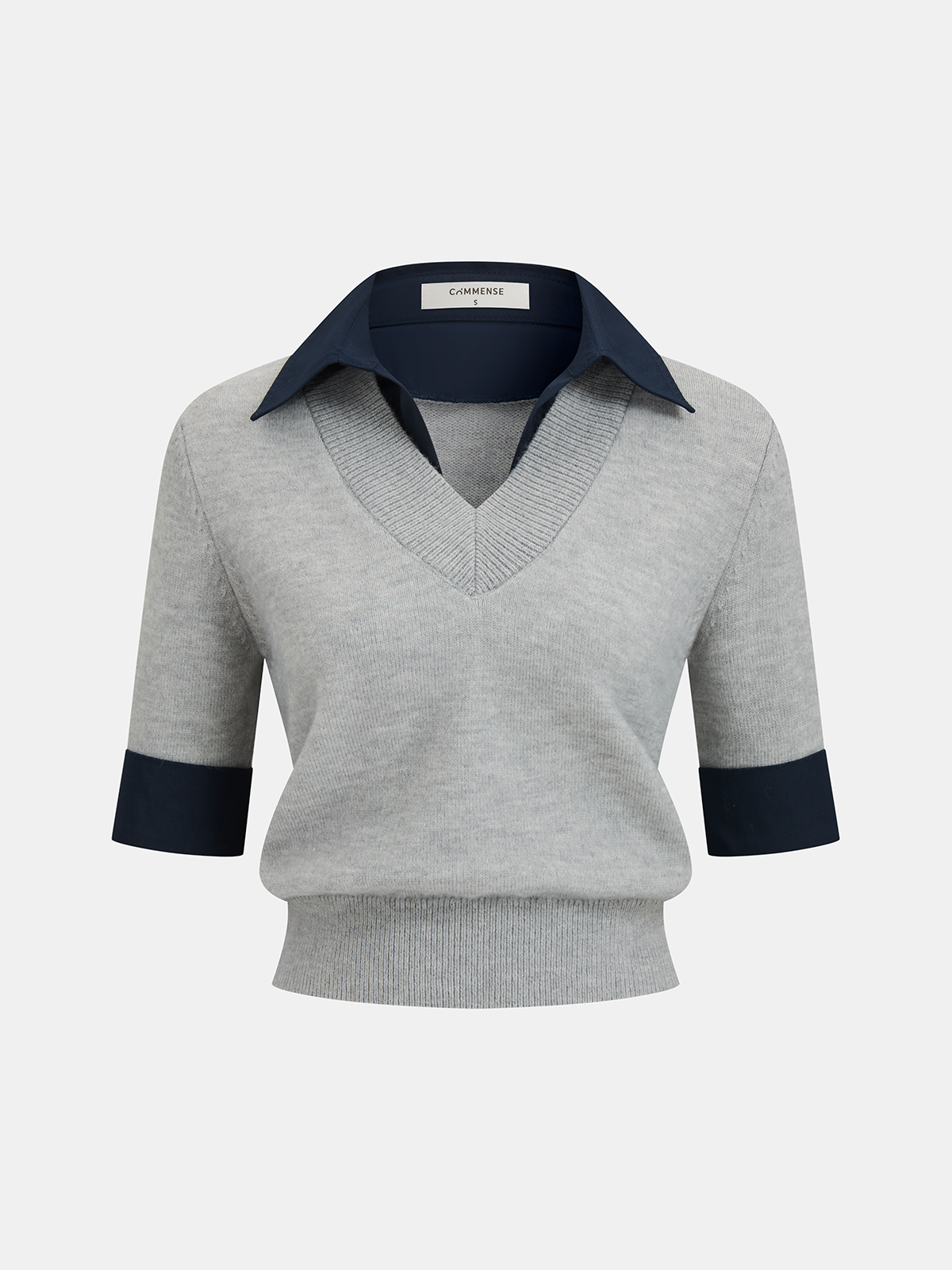 Contrast Collar Elbow Sleeve Knit Top in Premium Fabric for Women Stylish Comfort