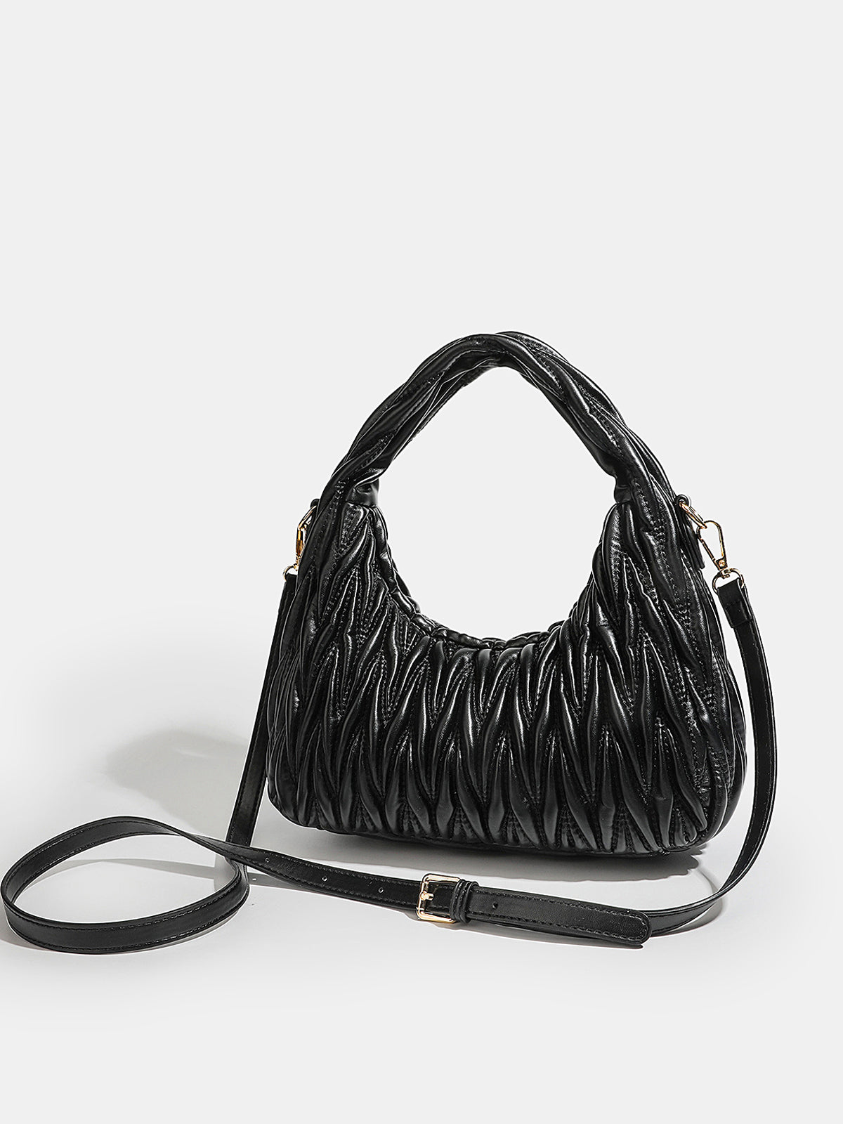 Faux Leather Ruched Crossbody Handbag with Adjustable Strap