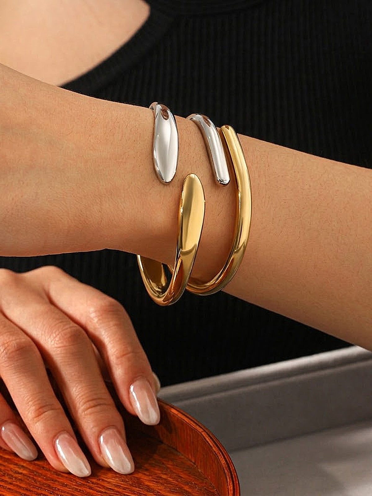 Spring Hinge Two-Tone Cuff Bangle Elegant Designer Inspired Jewelry