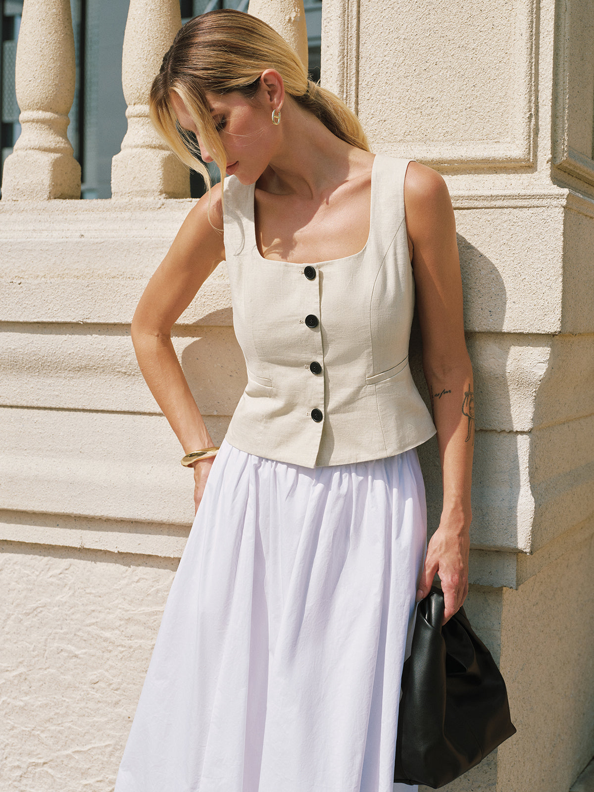 Square Neck Buttoned Vest & Maxi Skirt Set - Casual Summer Outfit Essentials