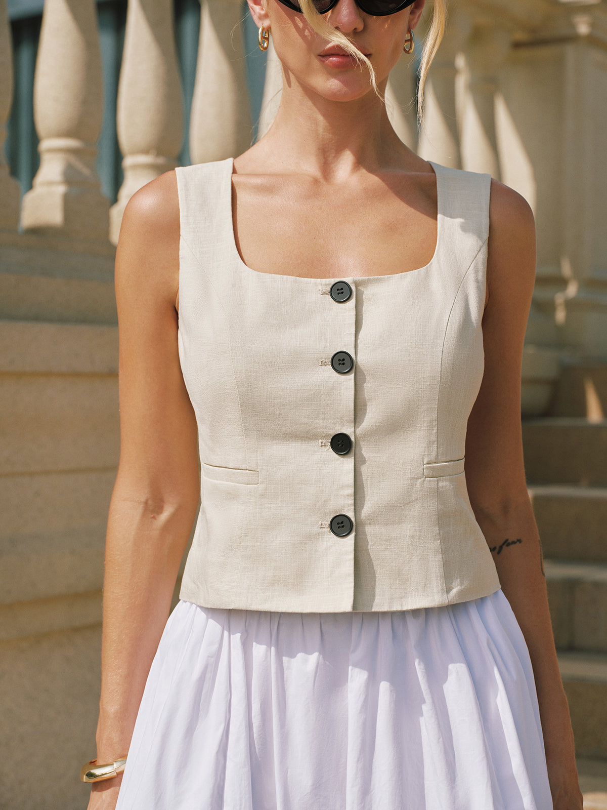 Square Neck Buttoned Vest & Maxi Skirt Set - Casual Summer Outfit Essentials