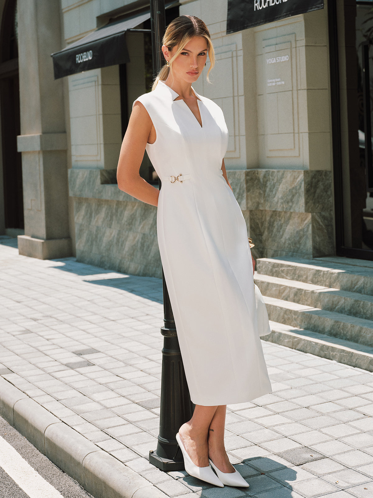 Sleeveless Buckle Detail Mandarin Collar Maxi Dress for Women Casual Evening Wear
