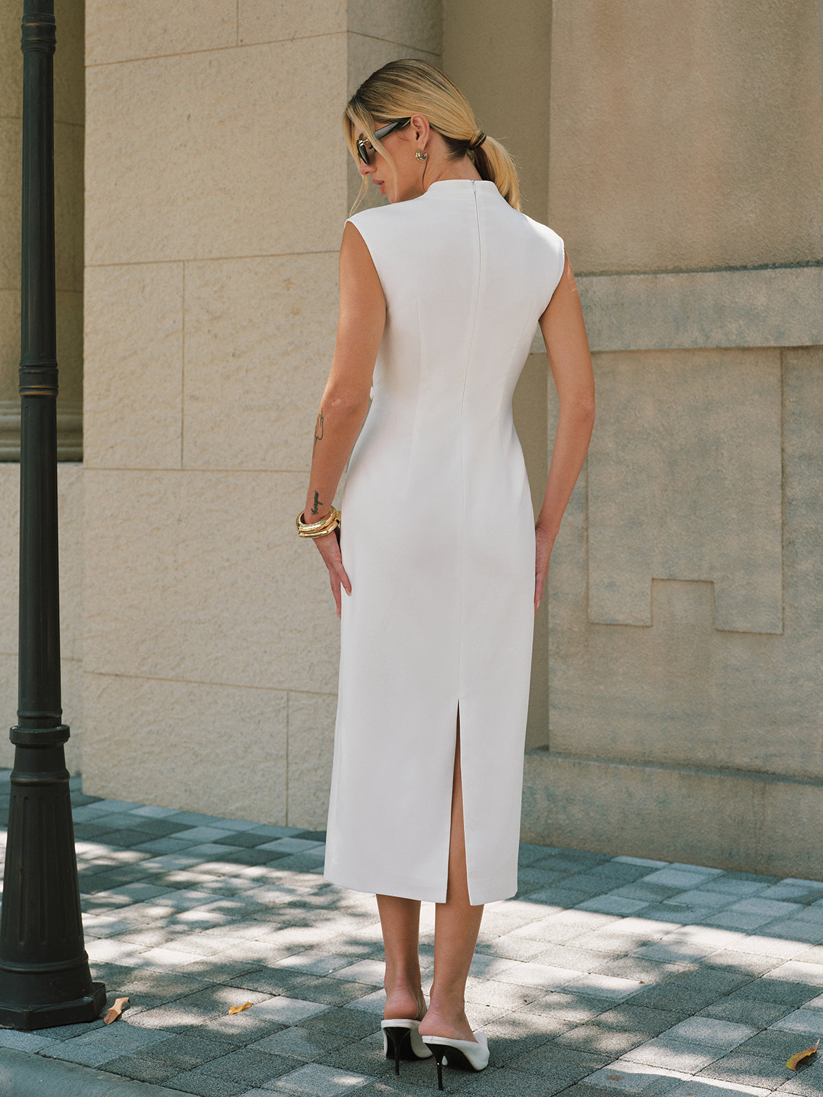 Sleeveless Buckle Detail Mandarin Collar Maxi Dress for Women Casual Evening Wear
