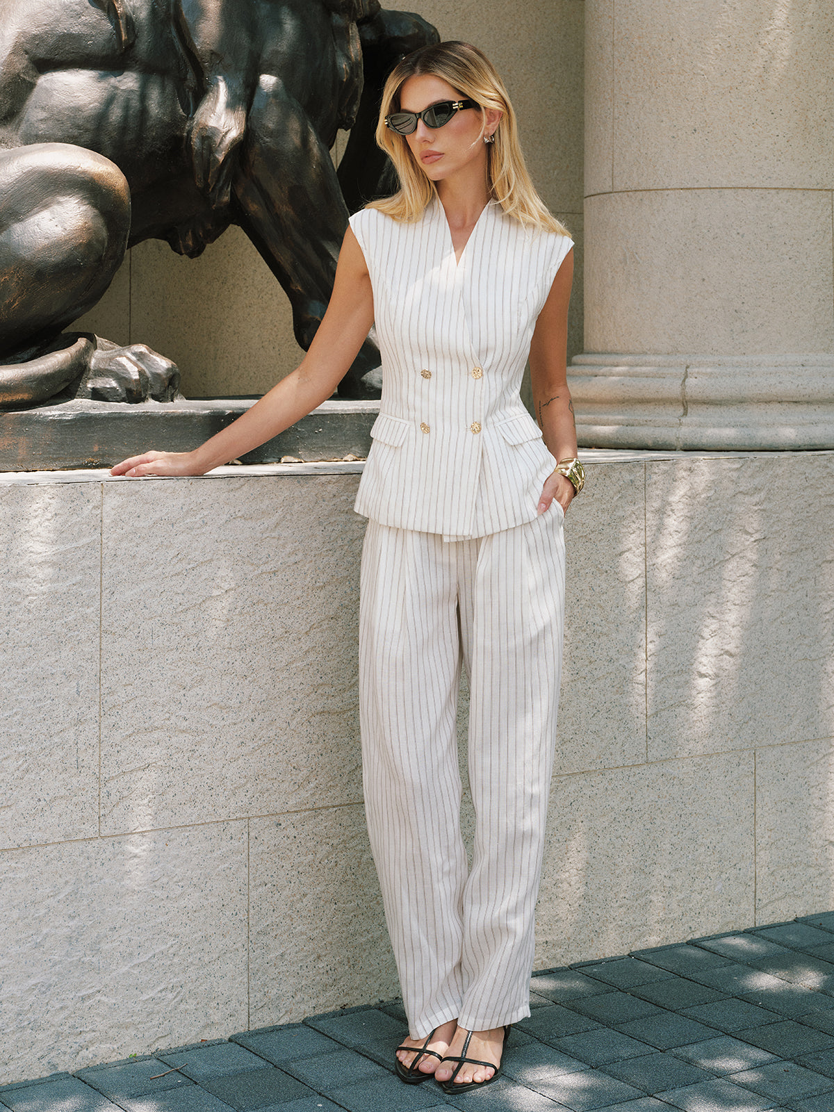 Striped Tencel Linen Blend Double-Breasted Vest for Women | Casual and Stylish