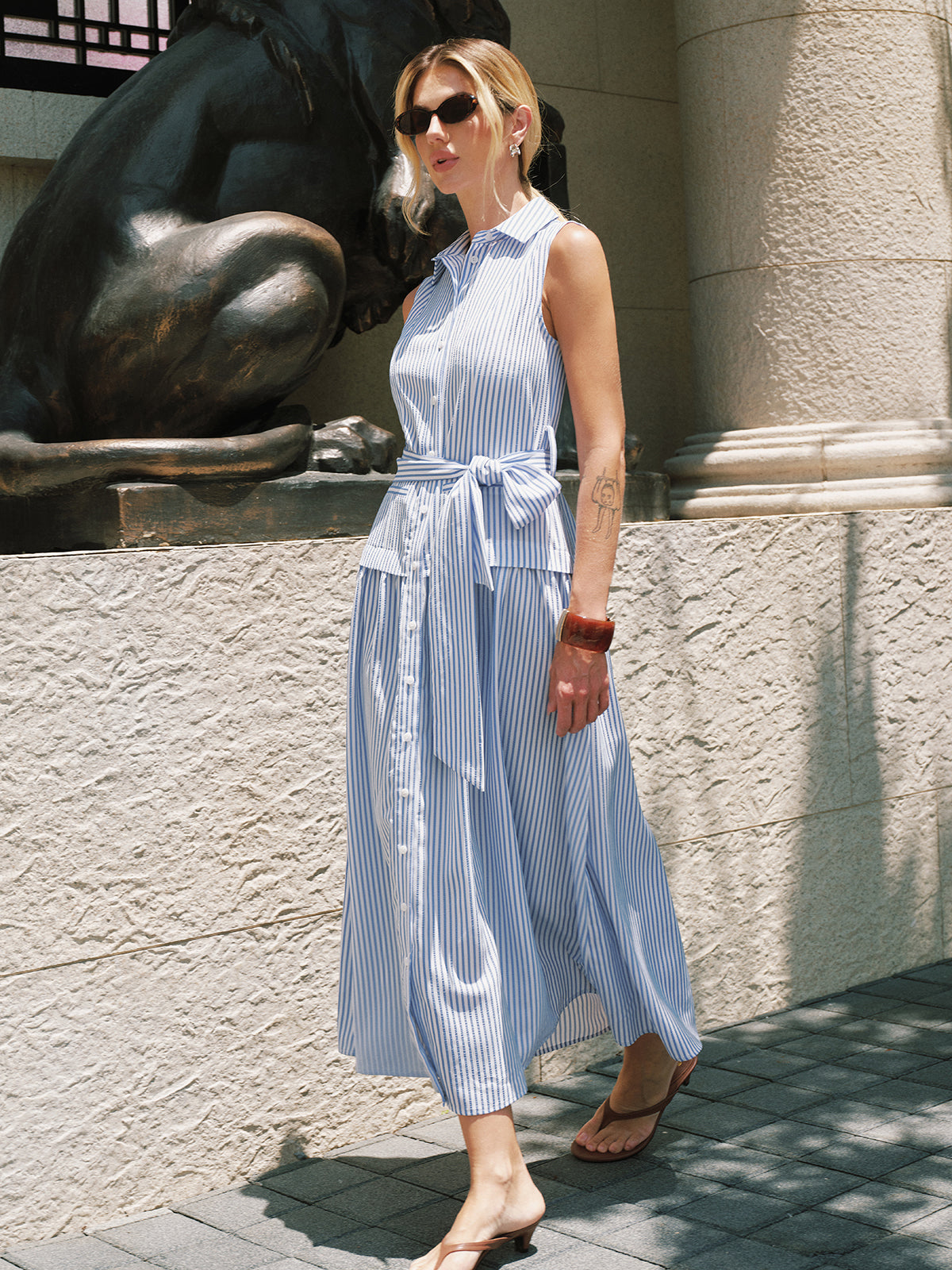 Striped Sleeveless Belted Maxi Shirt Dress with Side Slits and Button Front