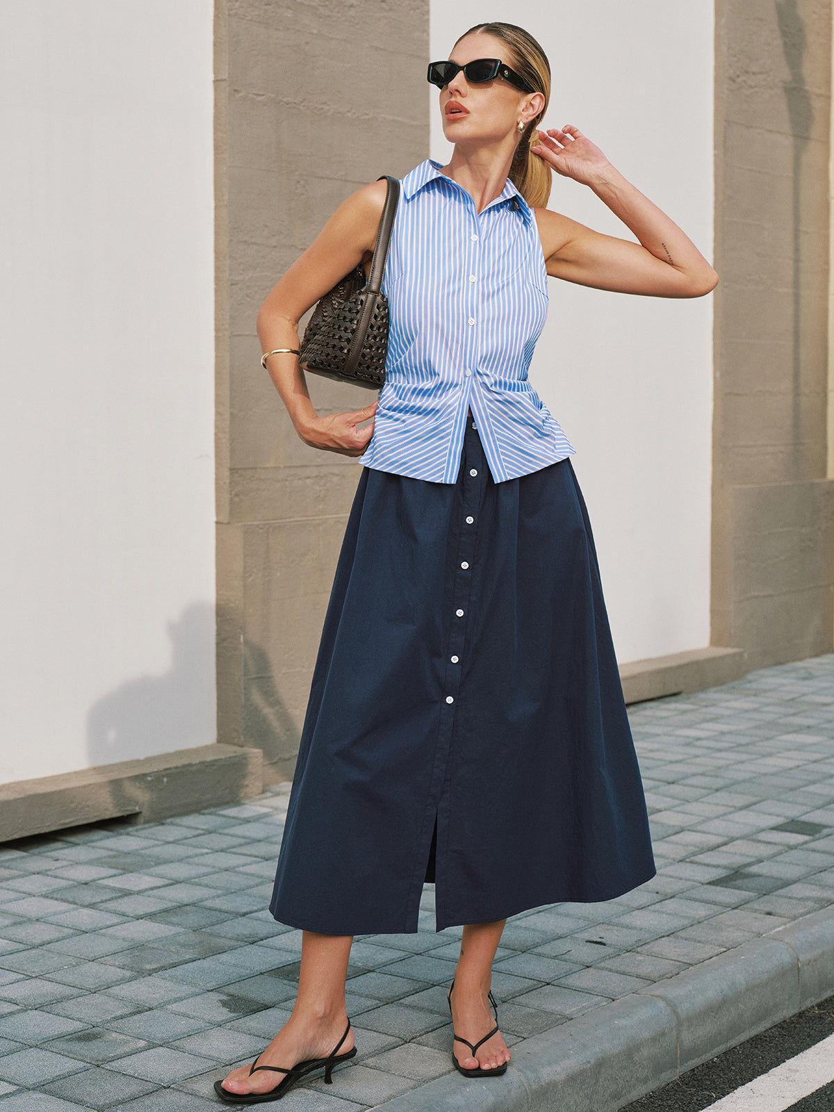 Sleeveless Striped Patchwork Midi Dress for Women Casual Summer