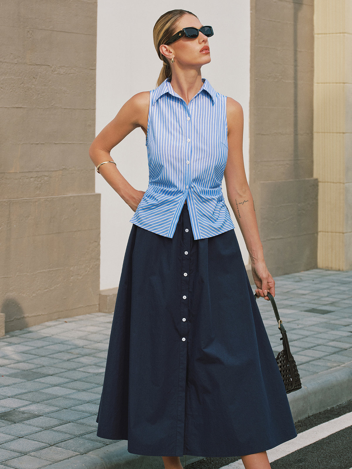 Sleeveless Striped Patchwork Midi Dress for Women Casual Summer