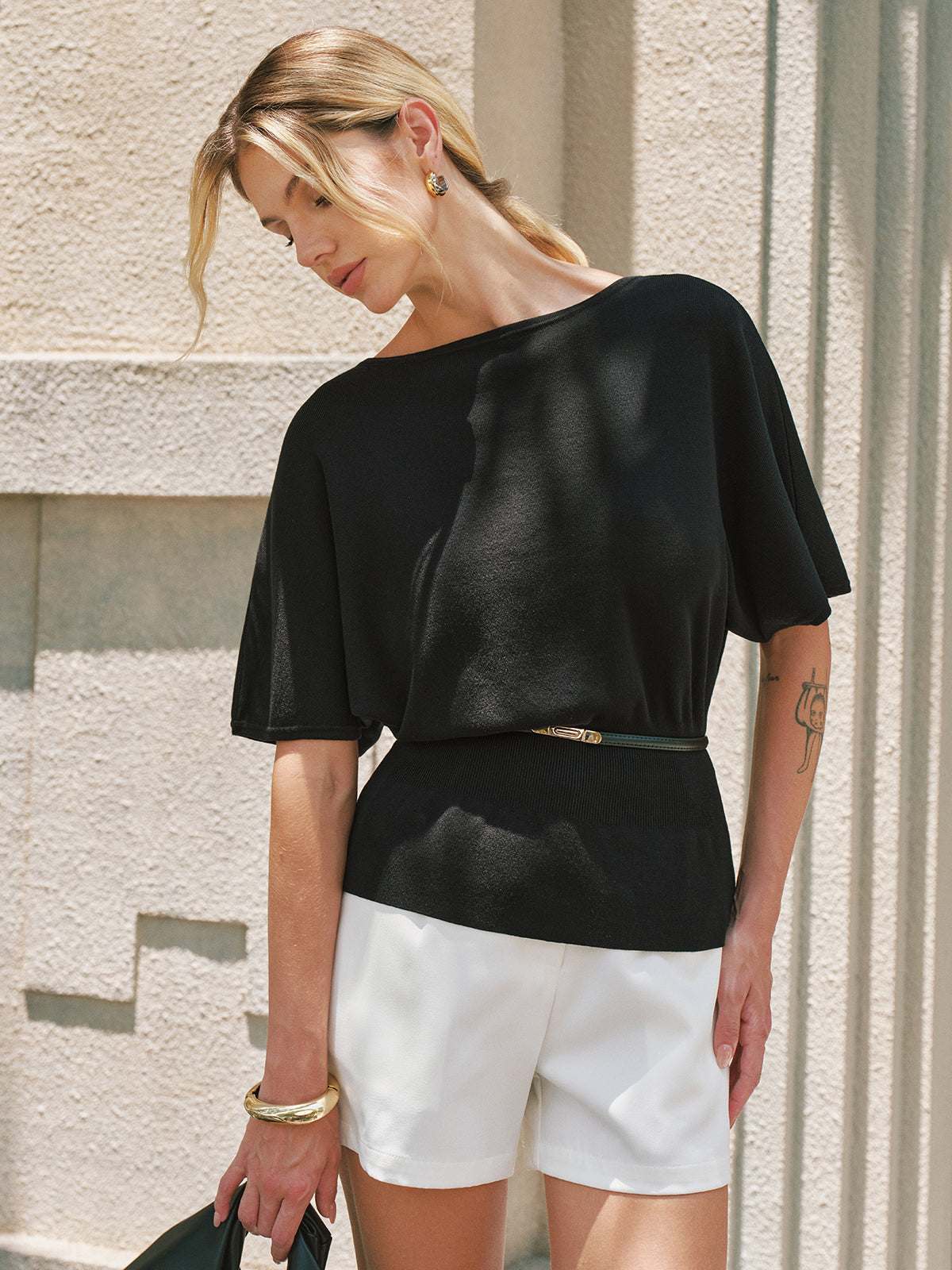 Tencel Batwing Sleeve Belted Knit Top Women's Casual Comfort Fit