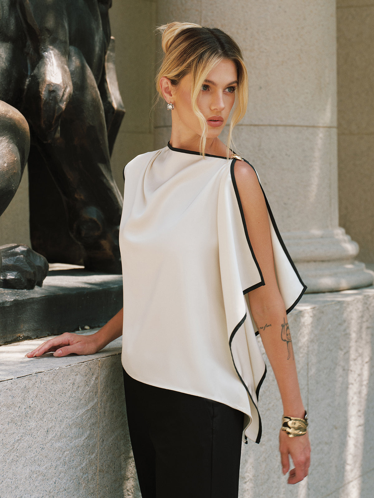 Contrast Trim Asymmetric Draped Satin Blouse - Elegant Women's Formal Wear