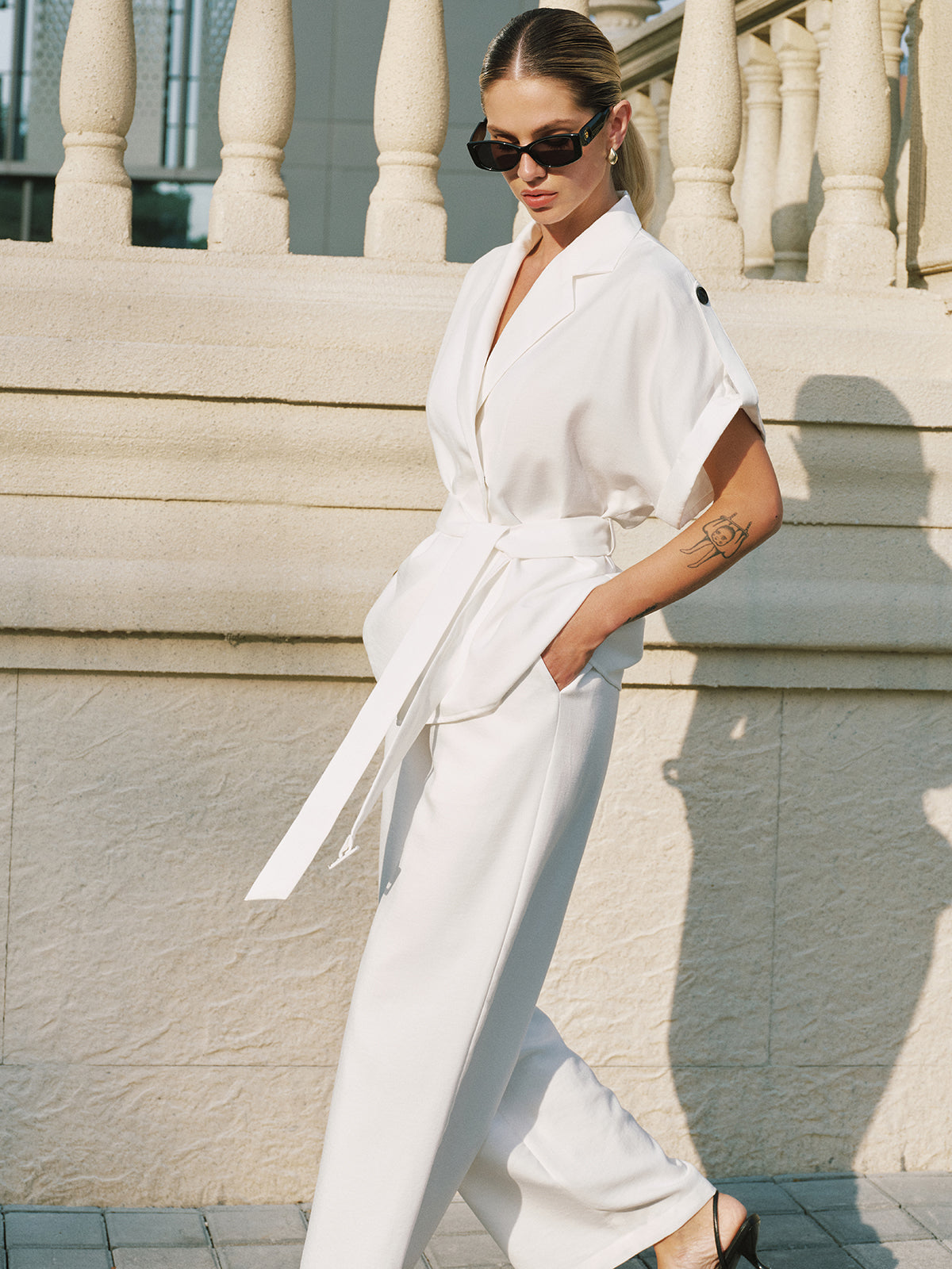Short Sleeve Belted Blazer & Wide Leg Pants Set for Women, Elegant Office Wear