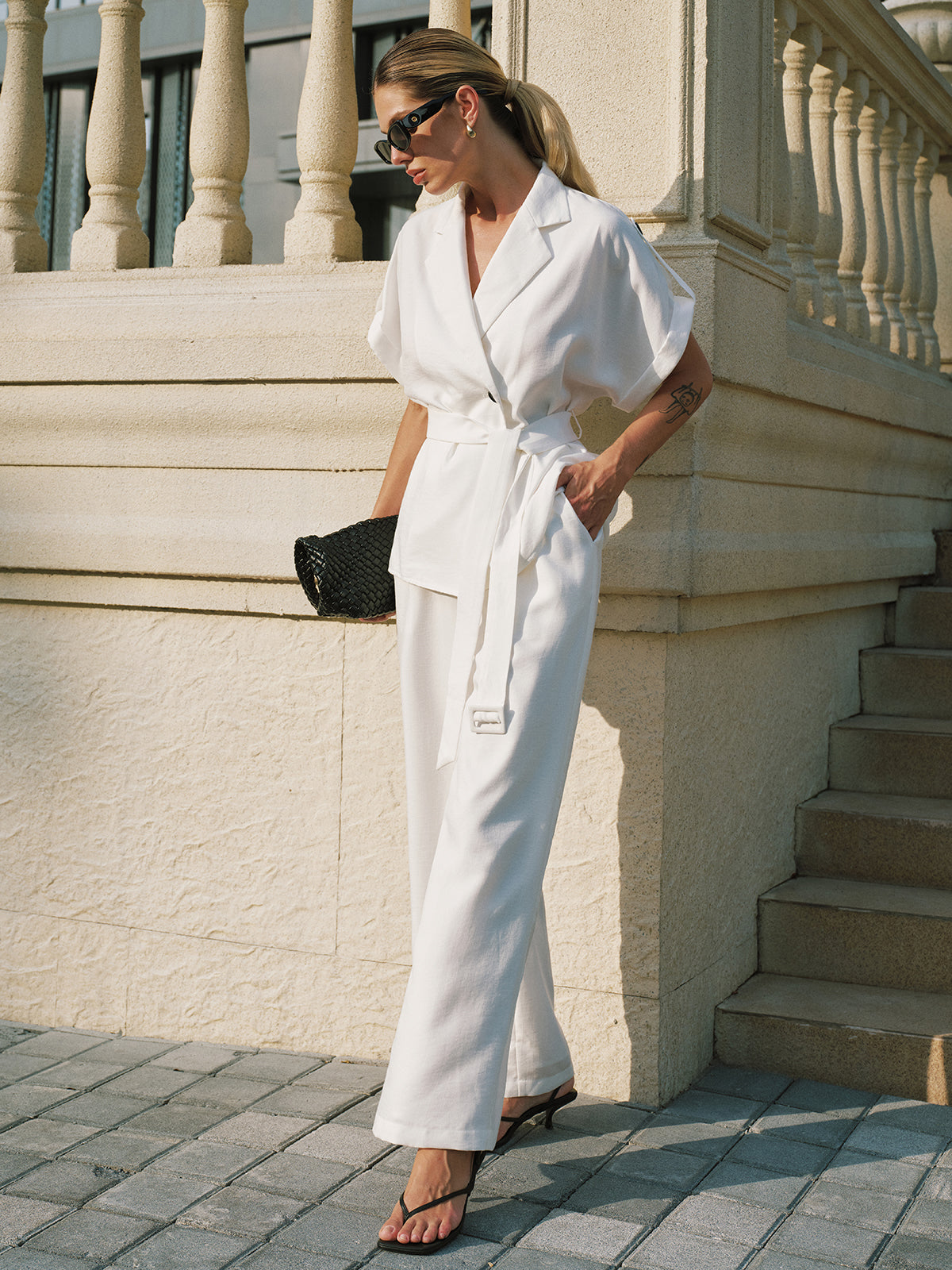 Short Sleeve Belted Blazer & Wide Leg Pants Set for Women, Elegant Office Wear