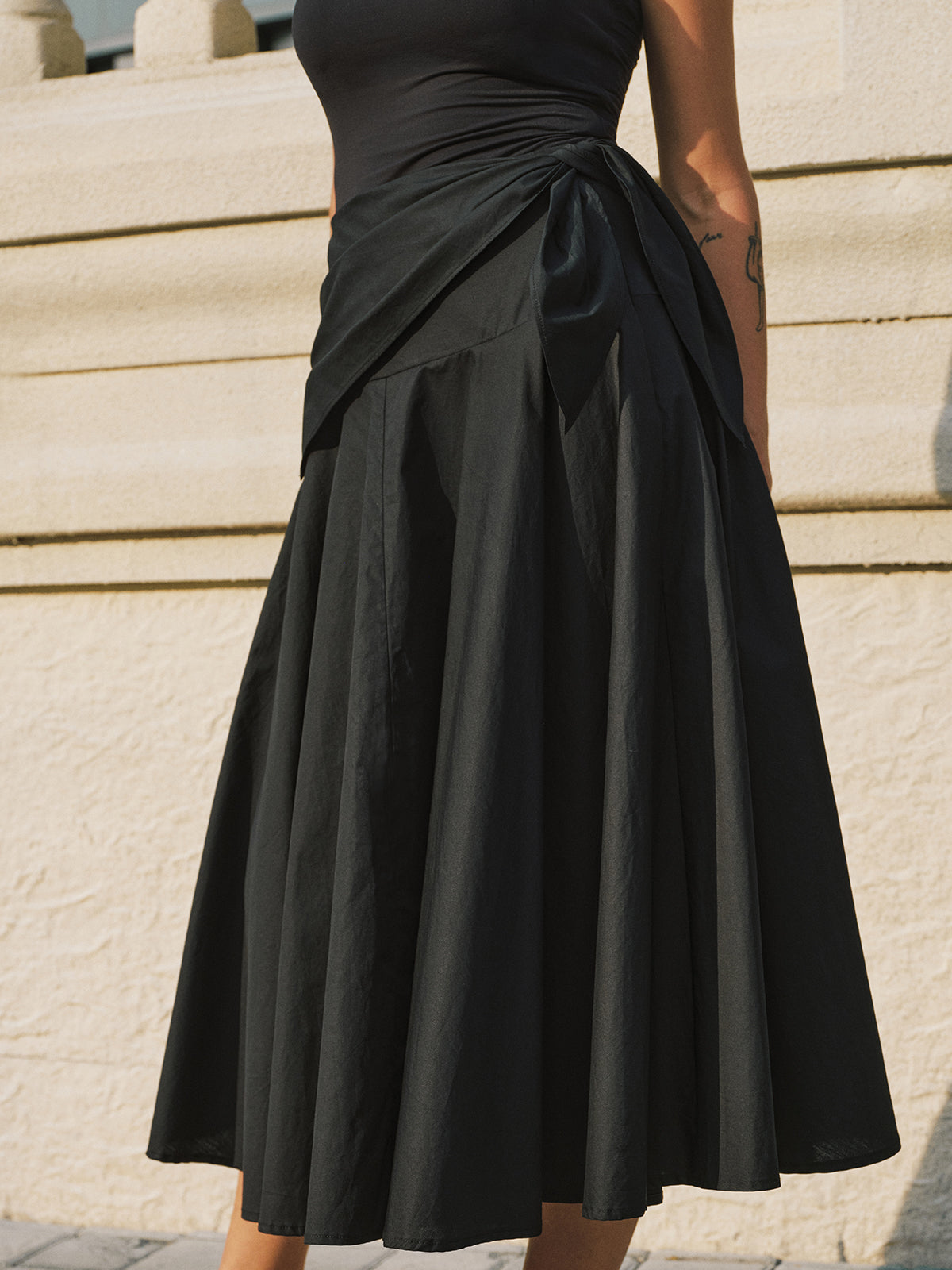 Cotton Tie-Waist Maxi Skirt with Side Pockets and Elastic Waist