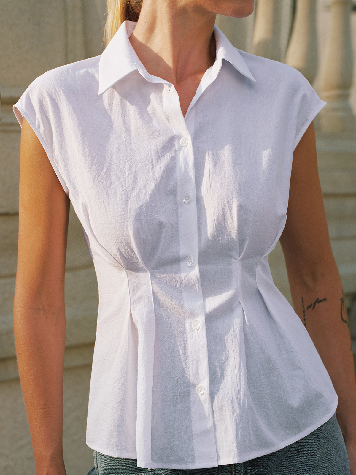 Cotton Sleeveless Cinched Waist Blouse for Women Summer Casual Style