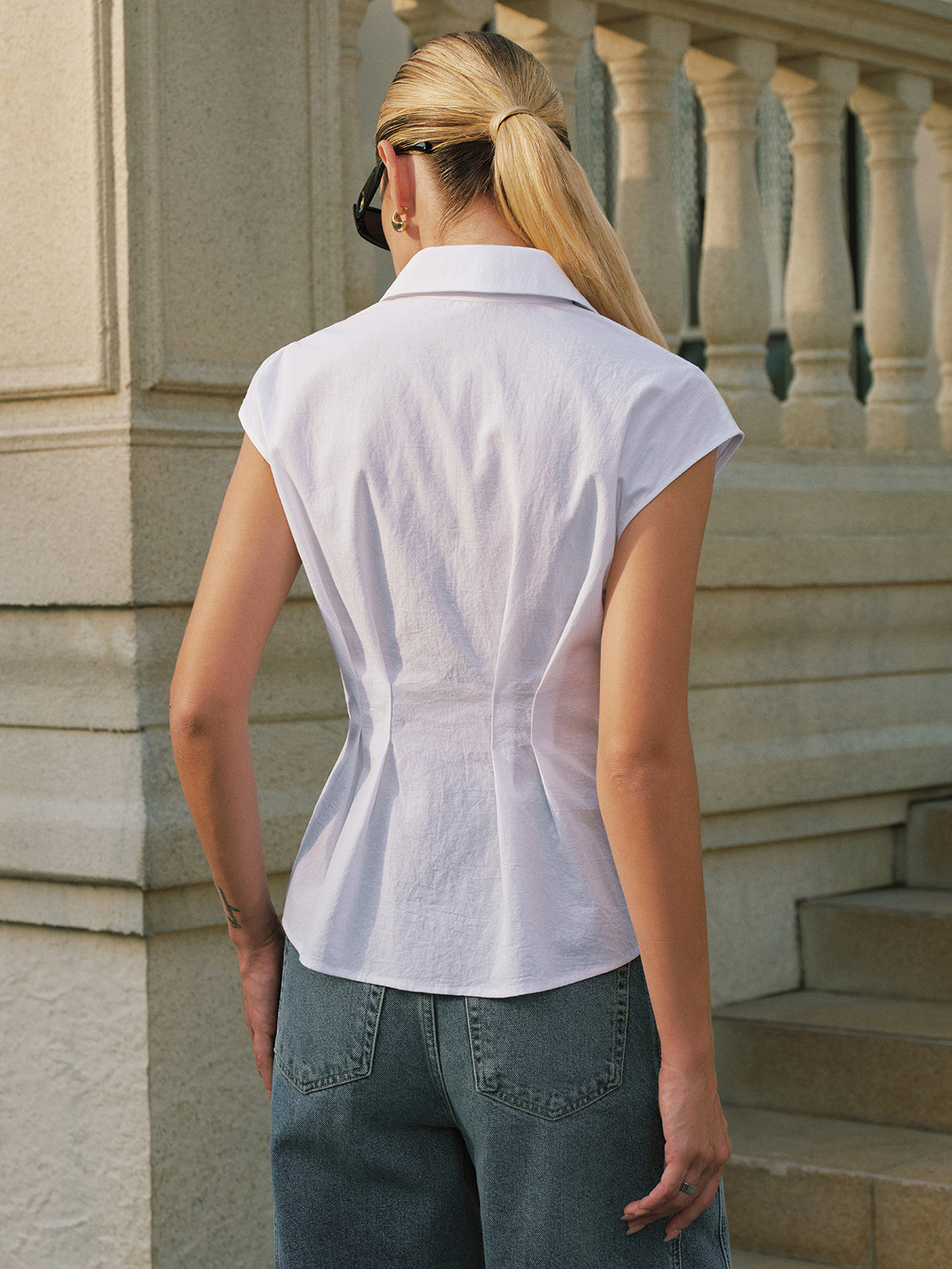 Cotton Sleeveless Cinched Waist Blouse for Women Summer Casual Style