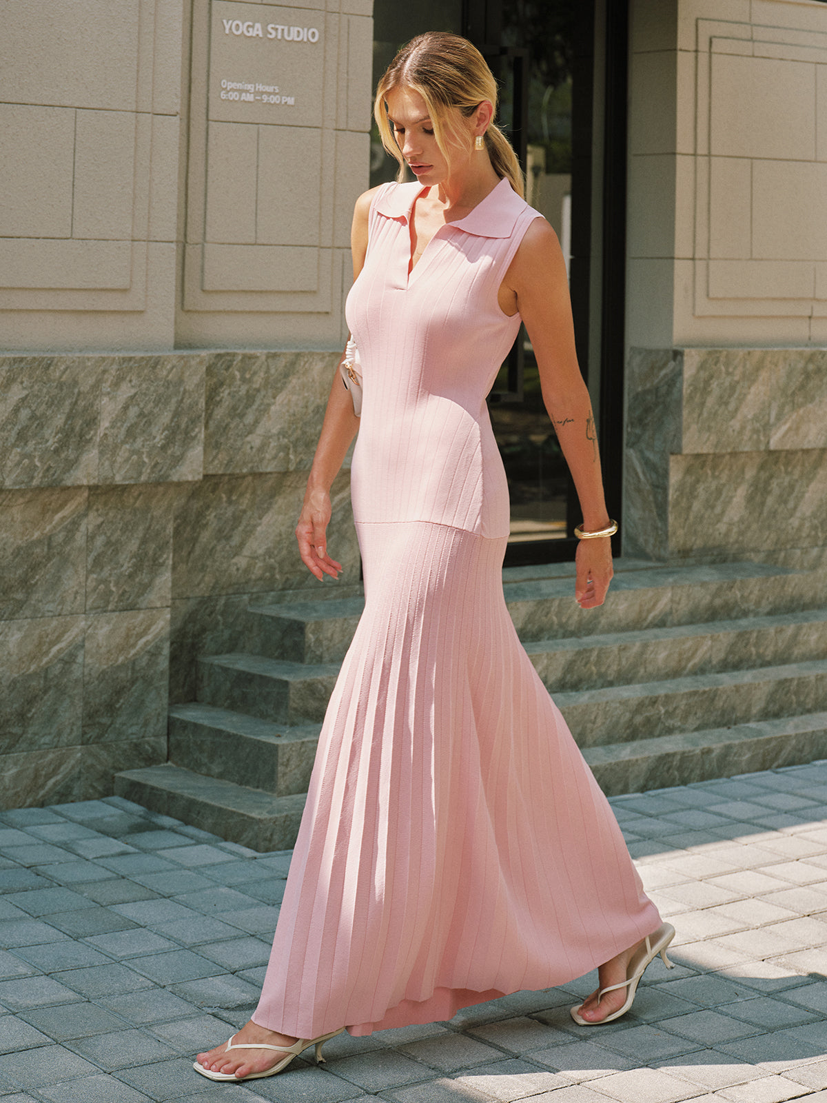 Polo Collar Sleeveless Ribbed Knit Maxi Dress for Women Casual Summer Comfort