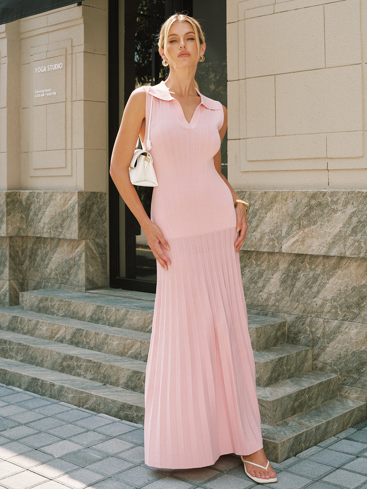 Polo Collar Sleeveless Ribbed Knit Maxi Dress for Women Casual Summer Comfort