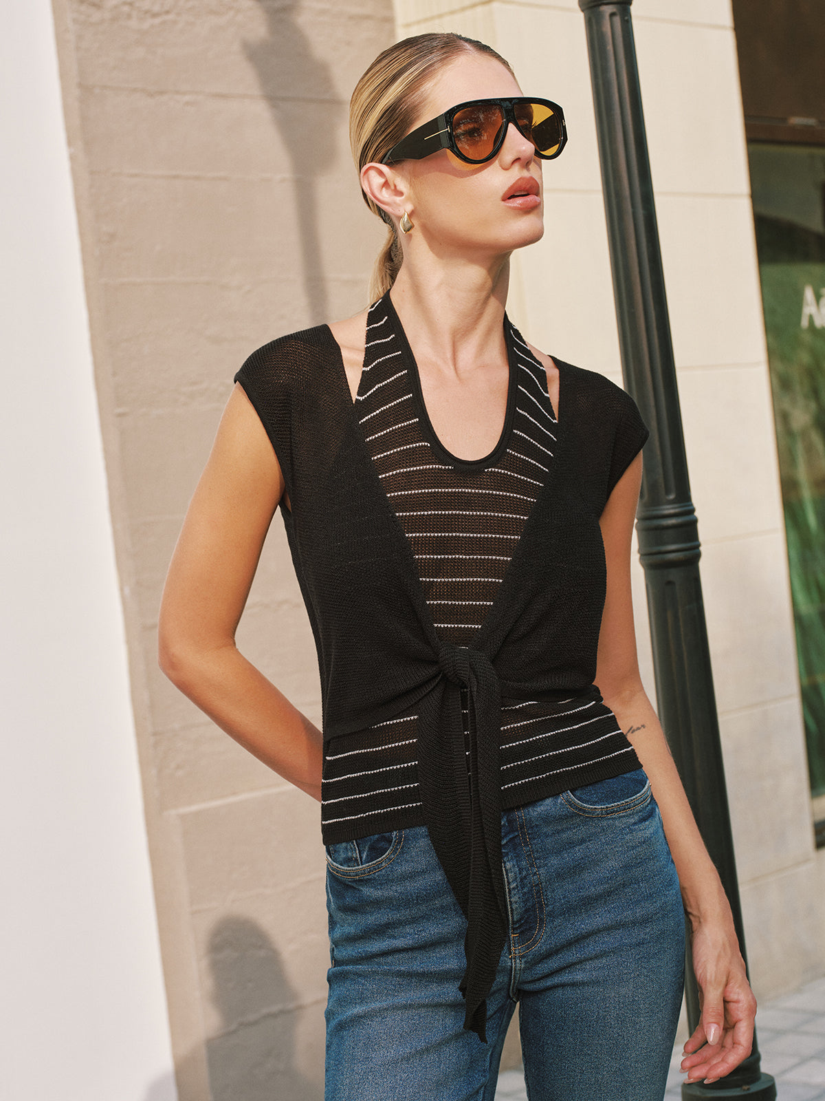 Striped Halter & Tie Front Knit Vest Set for Women Summer Wear
