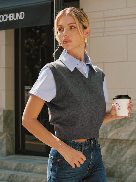 2-in-1 Wool Blend Patchwork Knit Top for Women Fall Winter