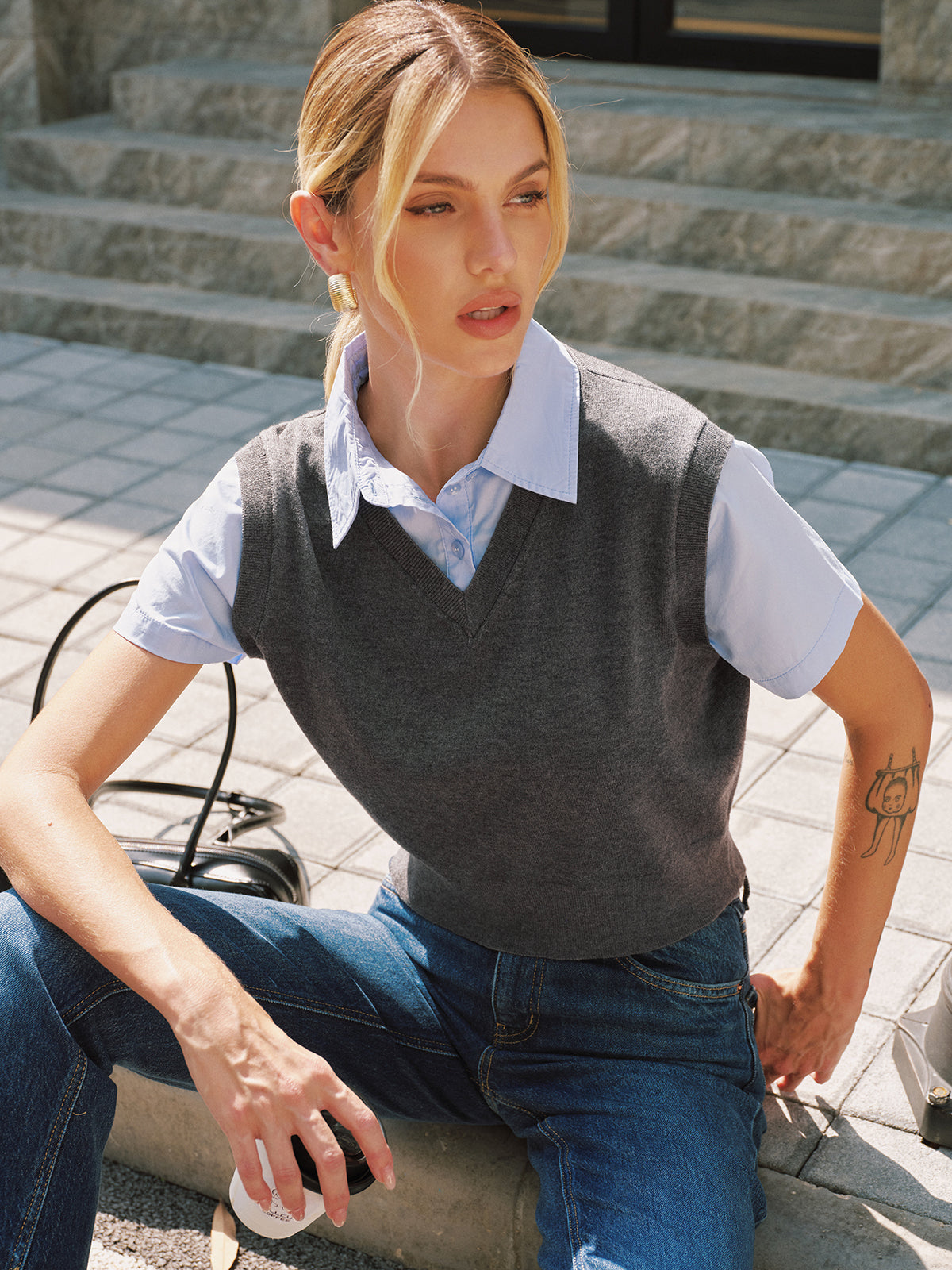 2-in-1 Wool Blend Patchwork Knit Top for Women Fall Winter
