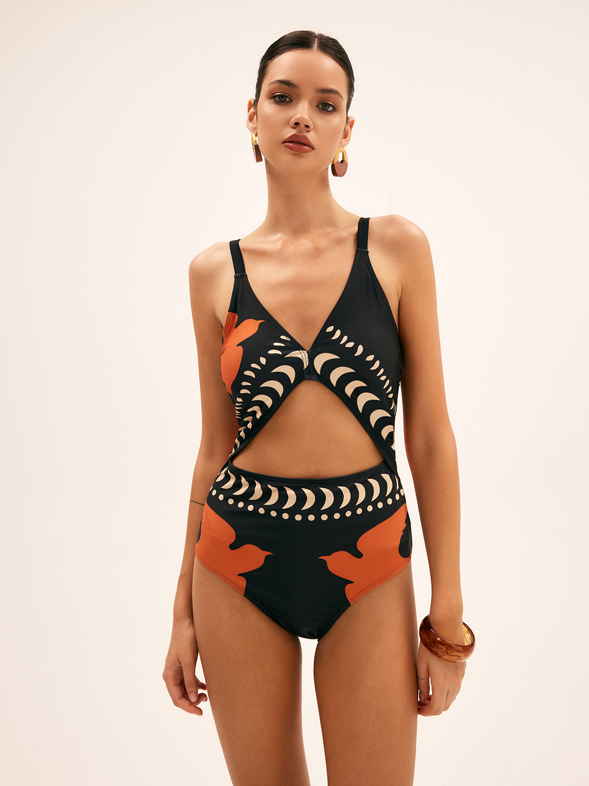 Bird Print Cutout One Piece Swimsuit with Tie-Back Design for Women