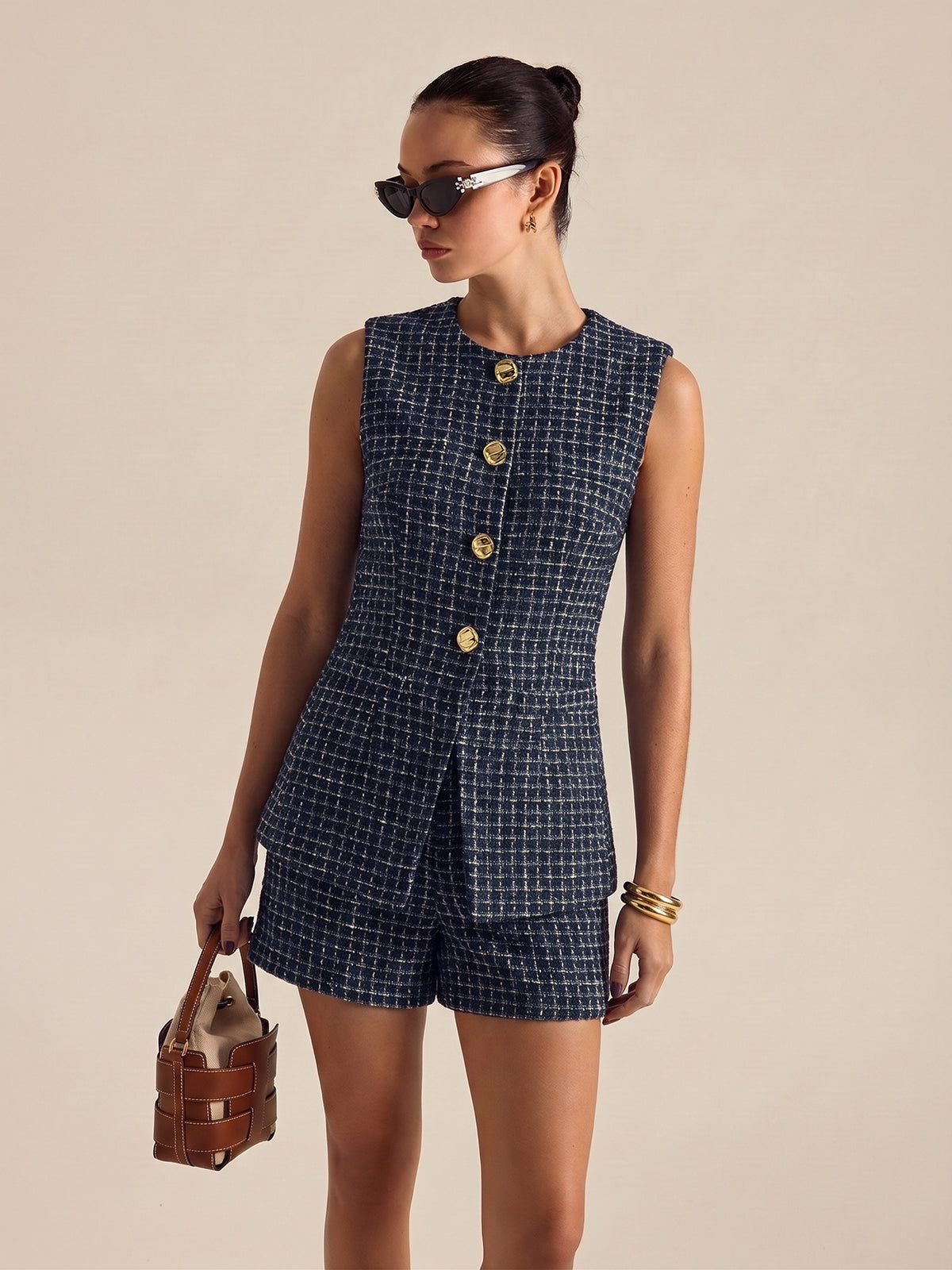 Metal Button Tweed Vest & Shorts Set with Elegant Chic Design