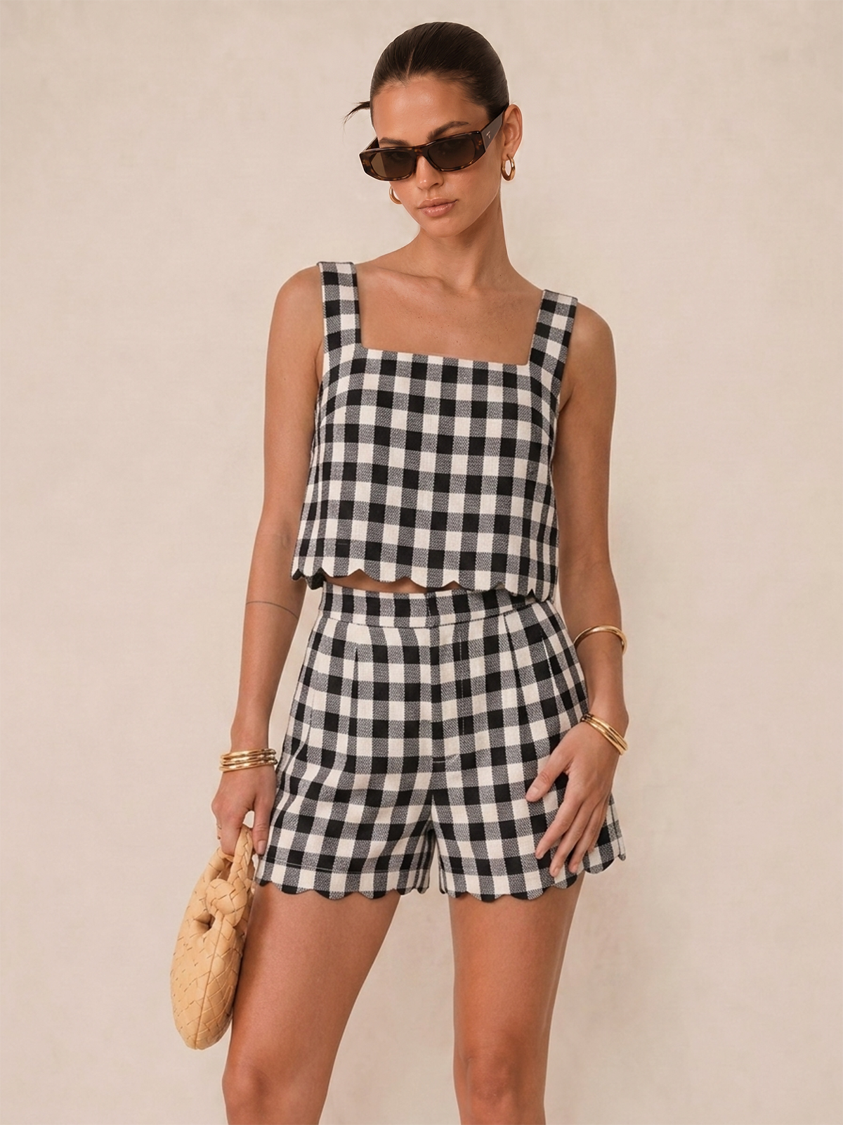 Gingham Scallop Hem Crop Top & Shorts Set for Women Summer Outfits