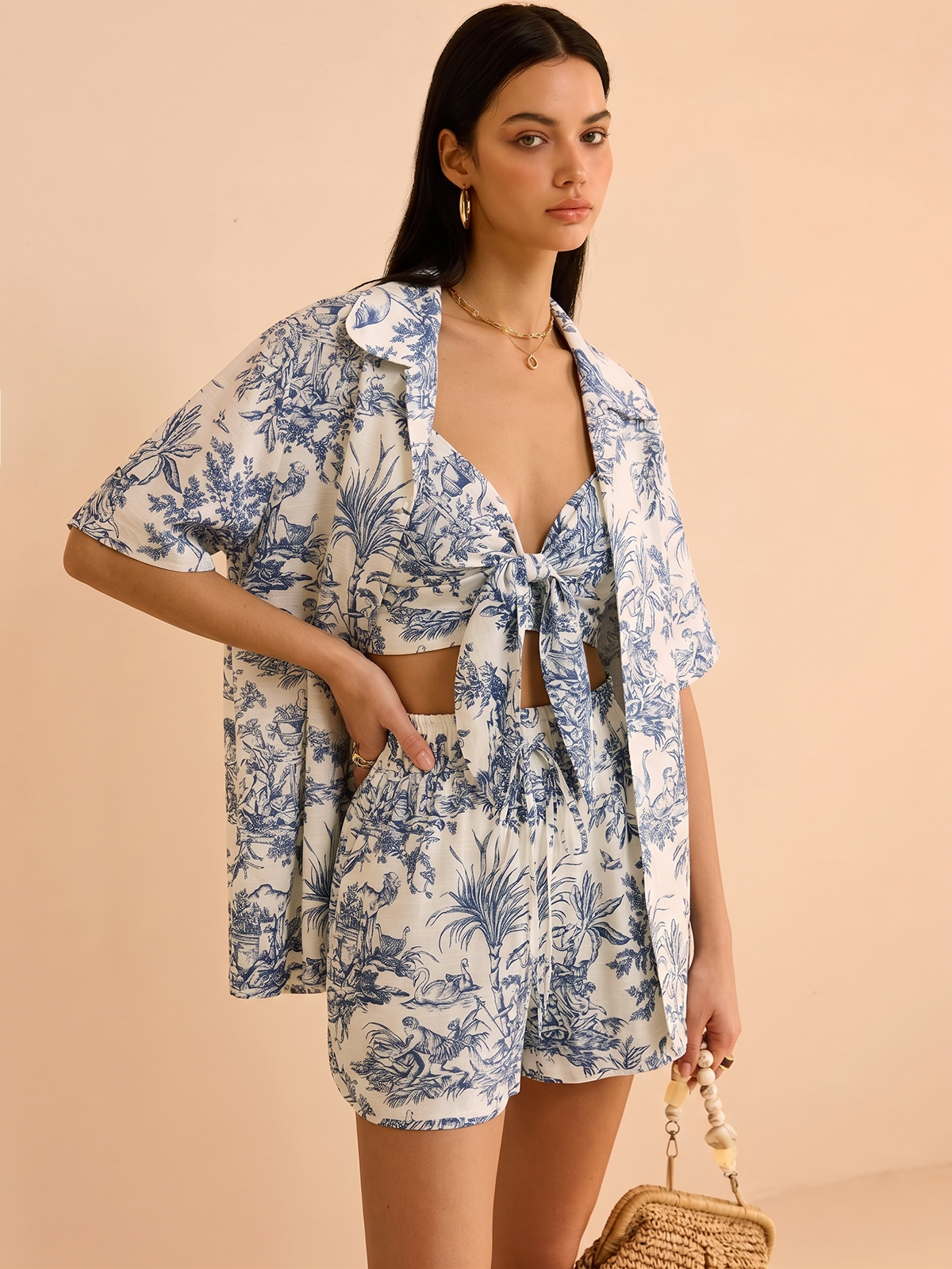 Toile Print Casual Three Piece Shorts Set for Women, Summer Outfit