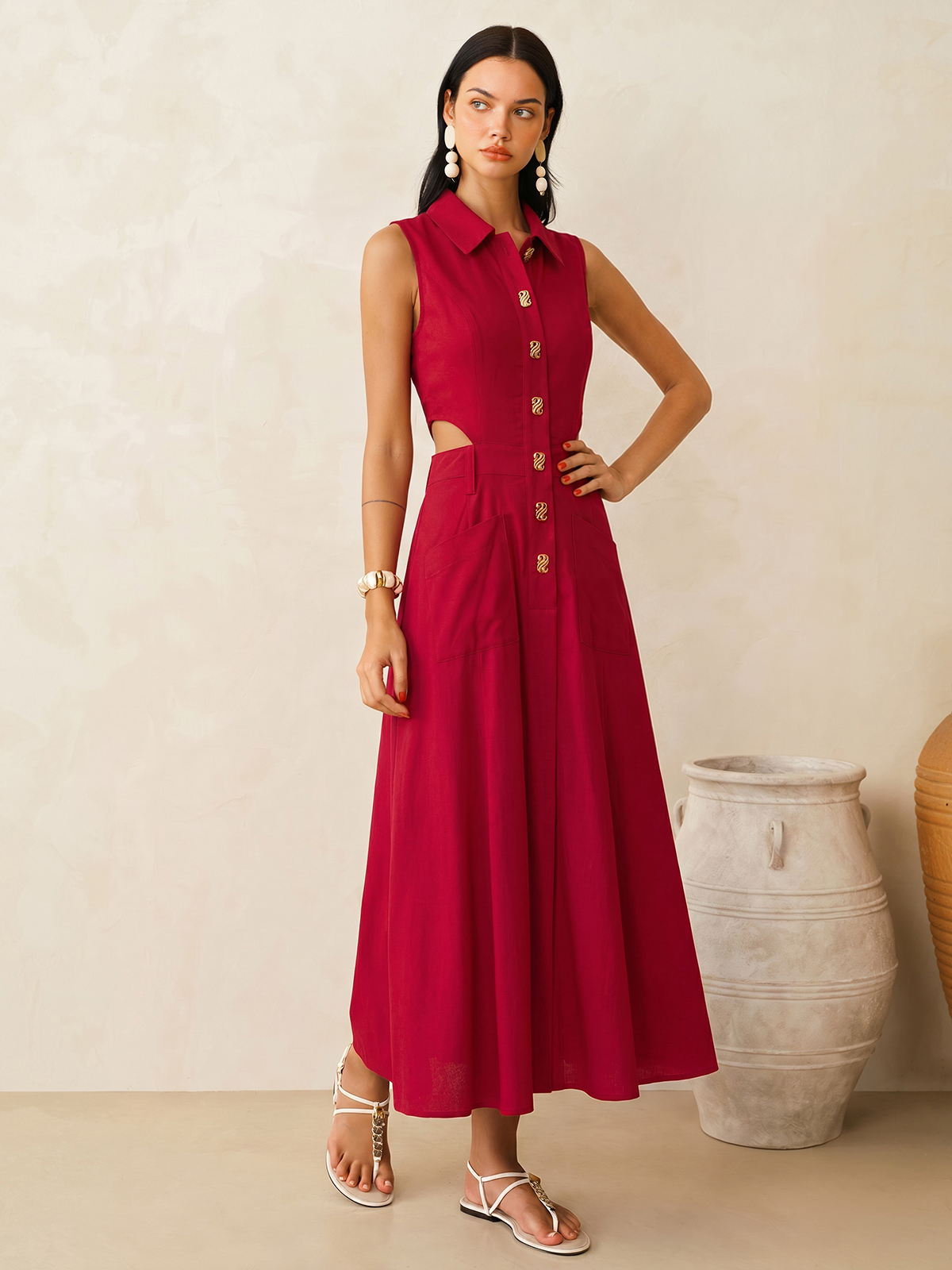 Cotton Linen Sleeveless Cutout Maxi Dress with Side Slit Detail