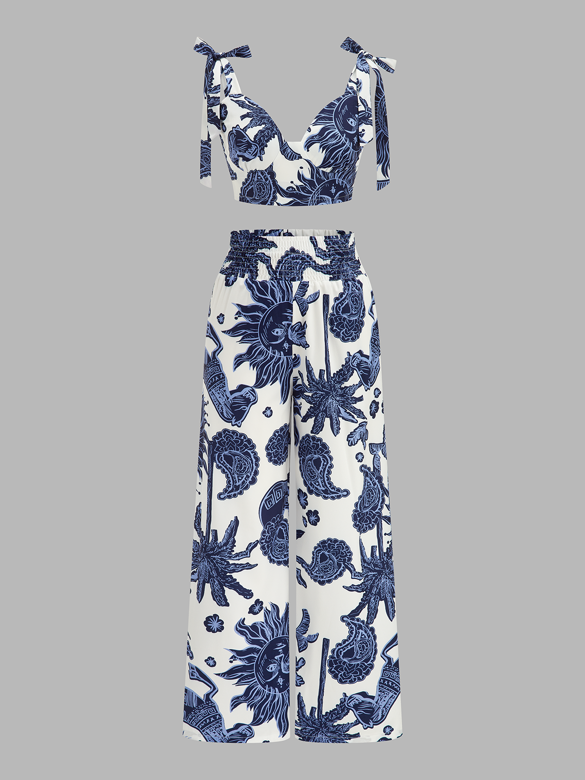Printed Tie-Shoulder Top & Elastic Waist Pants Set for Women's Casual Wear