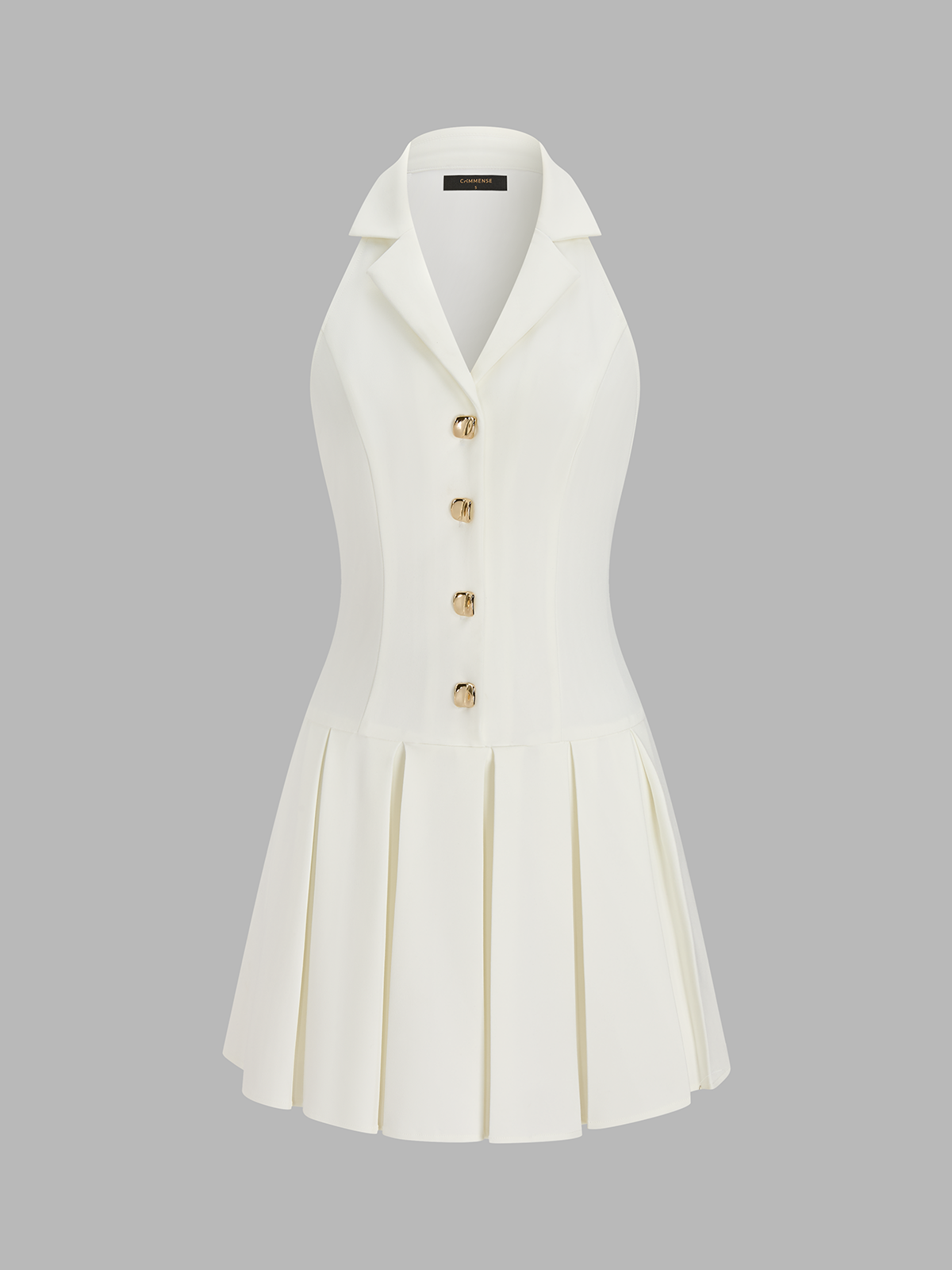 Metal Button Lapel Pleated Mini Dress with Short Sleeves for Women